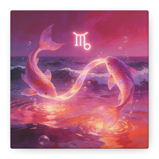 Scorpio Zodiac Canvas Wall Art - Glowing Koi Fish Ocean Illustration, Pink Purple Celestial Water Scene - Modern Fantasy Decor - Bedroom Home Decoration, Living Room Accent - Living Room Wall Decor