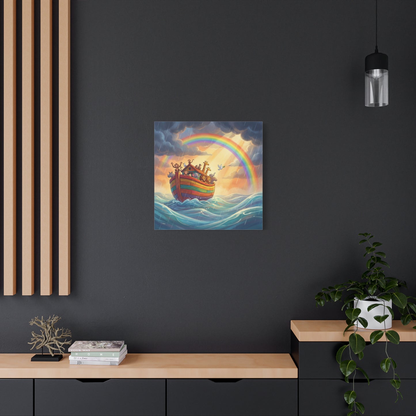 Noahs Ark Canvas Wall Art - Rainbow Animal Boat Nursery Decor - Cotton Canvas Print, Kids Bedroom Home Decoration, Playroom Wall Hanging, Biblical Story Illustration, Classroom Accent - Ready to Hang