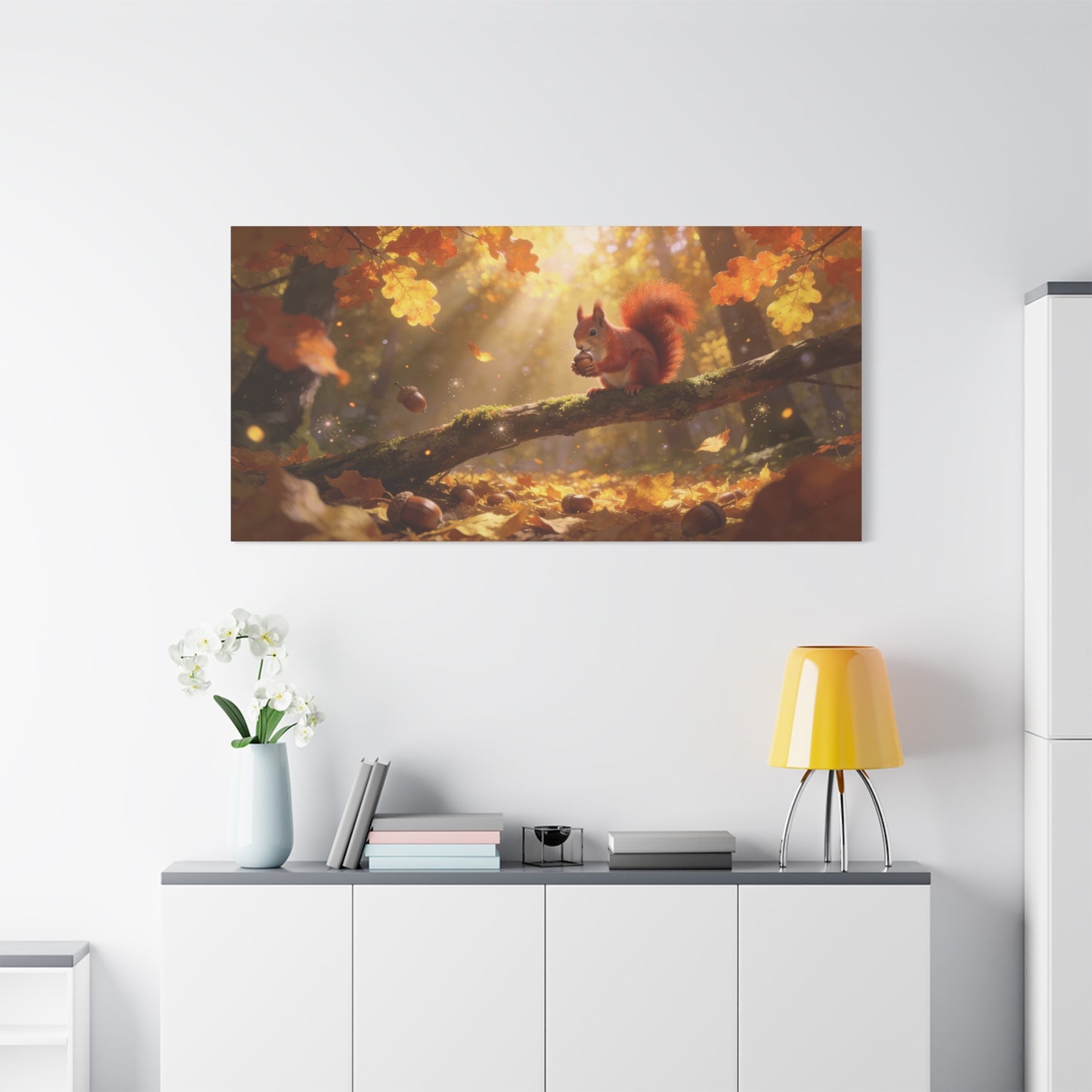Red Squirrel Canvas Wall Art - Autumn Forest Acorn Scene, Golden Sunlight, Matte Cotton Print - Rustic Woodland Decor, Living Room Accent, Bedroom Decoration, Office Nature Artwork - Office Wall Art
