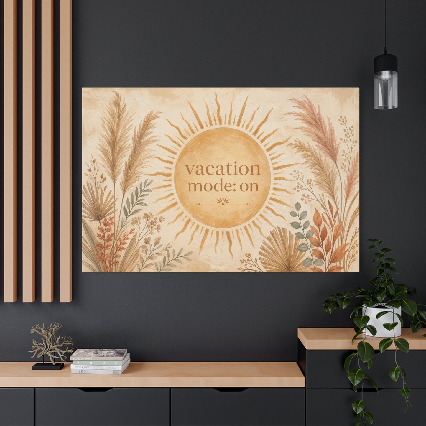 "Vacation Mode: On" Sun Quote Canvas Wall Art - Boho Botanical Typography Print, Neutral Pampas Grass Decor, Coastal Bedroom Wall Hanging, Living Room Home Decoration, Vacation Rental Accent