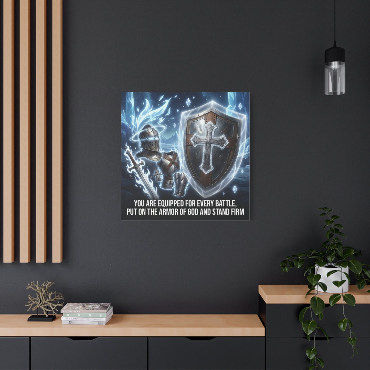 "You Are Equipped For Every Battle, Put On The Armor Of God And Stand Firm" Christian Canvas Wall Art - Knight Armor, Cross Shield, Scripture Decor - Blue Fantasy Style - Living Room - Office Wall Art