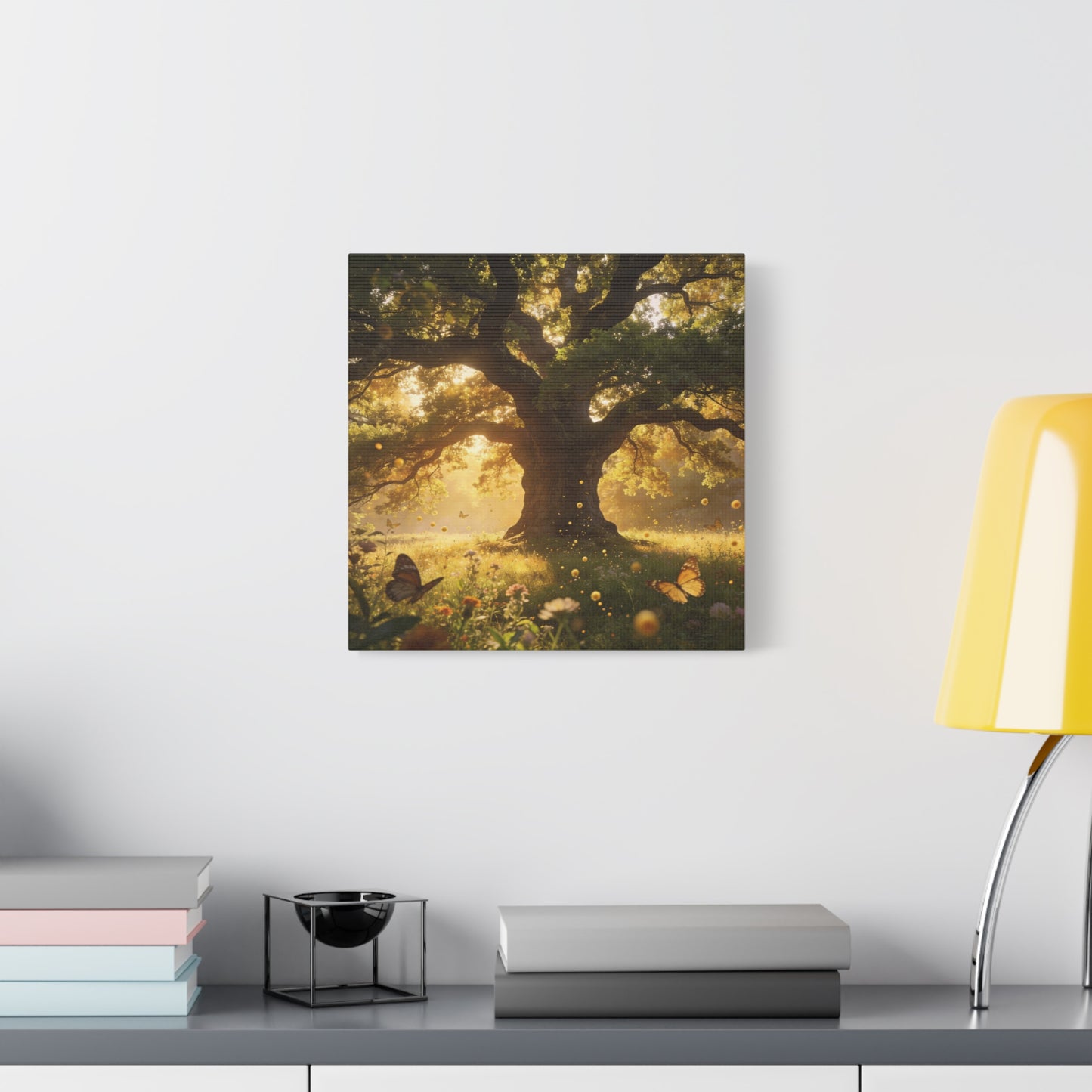 Sunlit Oak Tree Canvas Wall Art - Golden Meadow Butterflies, Nature Landscape Print - Matte Cotton Art Print, Traditional Style - Living Room Wall Decor, Bedroom Home Decoration - Ready to Hang