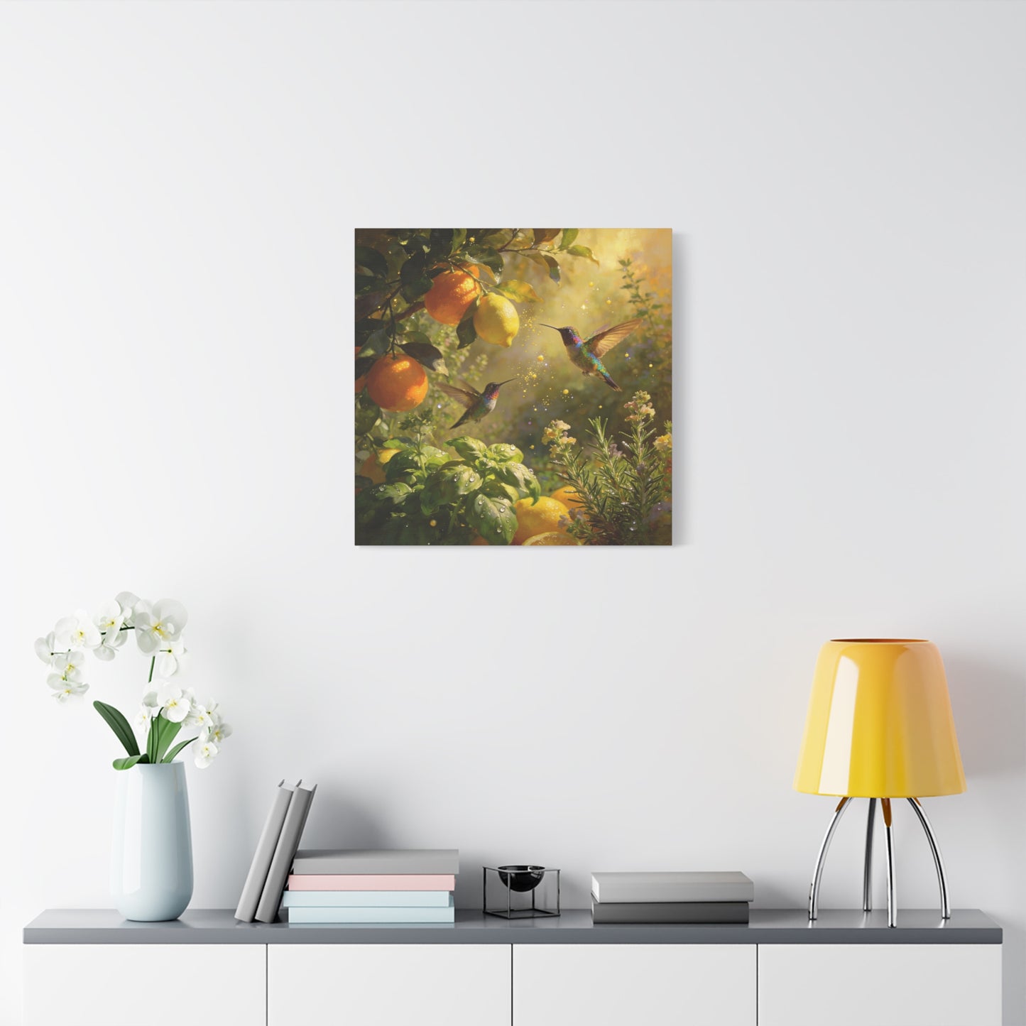 Hummingbird Citrus Canvas Wall Art - Lemon Orange Botanical Garden Print - Golden Light, Nature Home Decor, Living Room Wall Decor, Bedroom Home Decoration, Matte Finish Canvas - Cozy Reading Nook Art