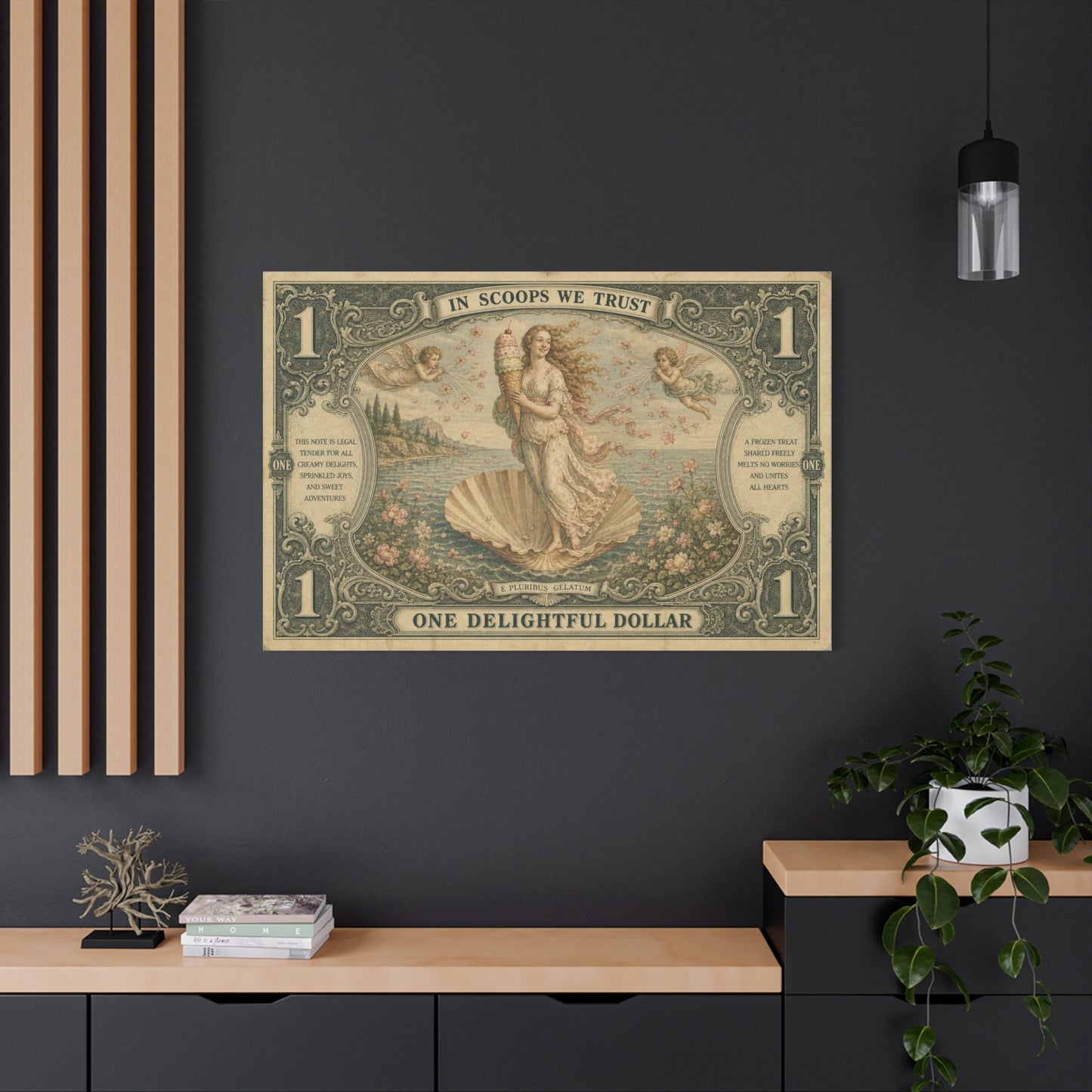 "In Scoops We Trust" Ice Cream Venus Canvas Wall Art - Vintage Parody Currency Print, Mythological Seaside Illustration, Whimsical Retro Decor, Living Room Bedroom Office Accent - Office Wall Art