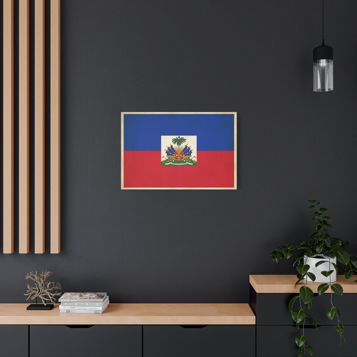 Haiti Flag Canvas Wall Art - Haitian Flag Print With Coat Of Arms, Patriotic Blue Red Banner - Framed Look Matte Canvas - Living Room Wall Decor, Bedroom Home Decoration - Bedroom Home Decoration