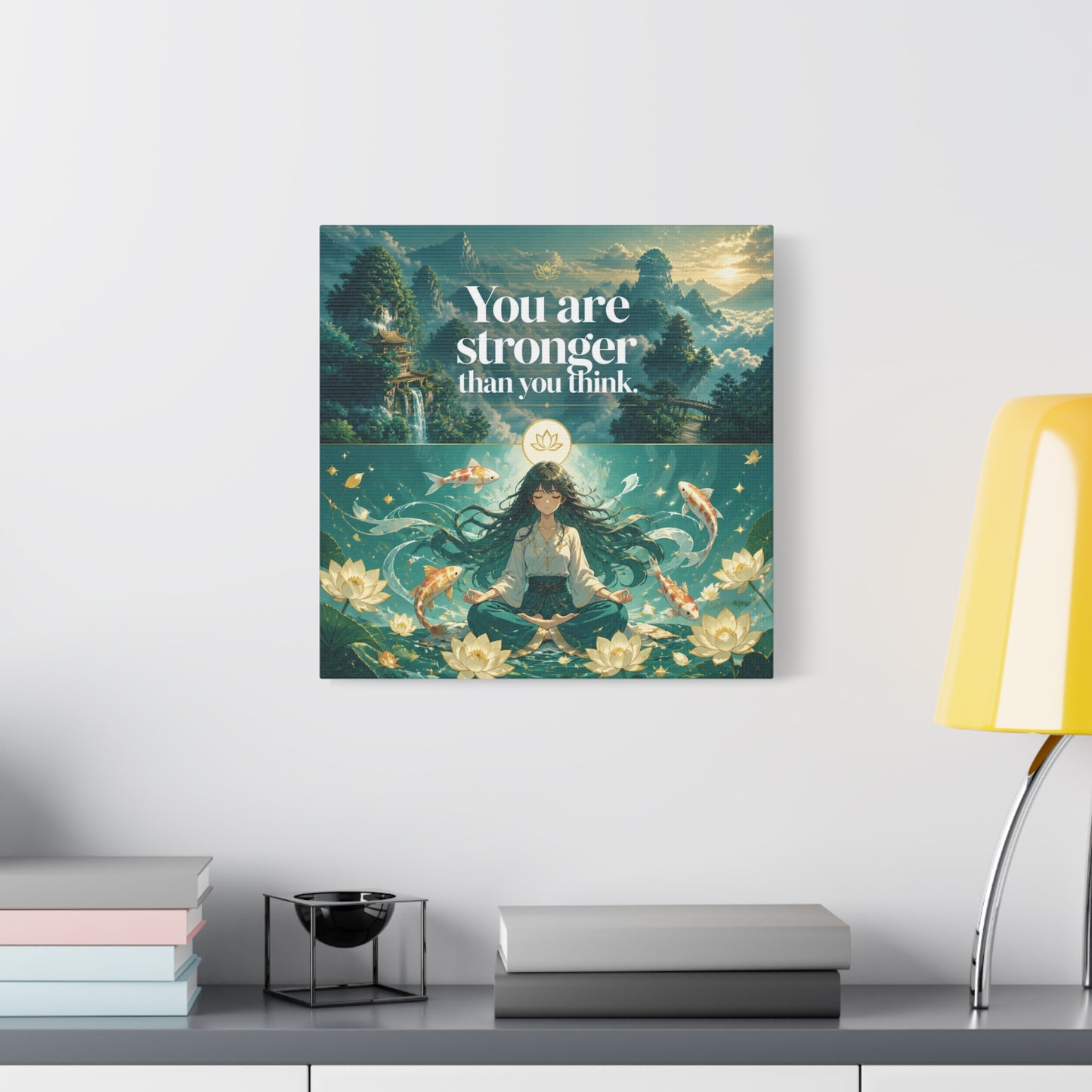 "You Are Stronger Than You Think." Inspirational Canvas Wall Art - Meditating Girl, Koi Fish, Lotus Lake - Zen Fantasy Landscape - Bedroom Wall Decor, Meditation Space, Jellyfish Room Decor