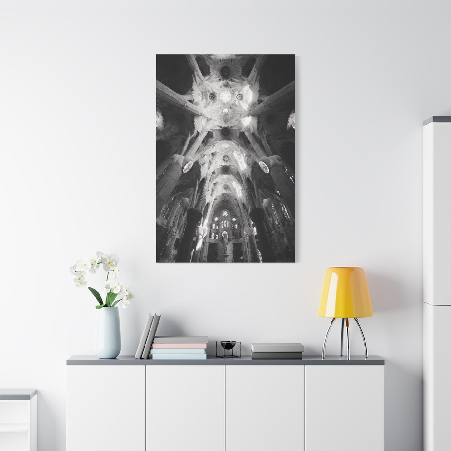 Sagrada Familia Cathedral Interior Canvas Wall Art - Black And White Architectural Art Print, Gothic Ceiling Columns, Contemporary Wall Decor For Living Room Office - Bedroom Home Decoration