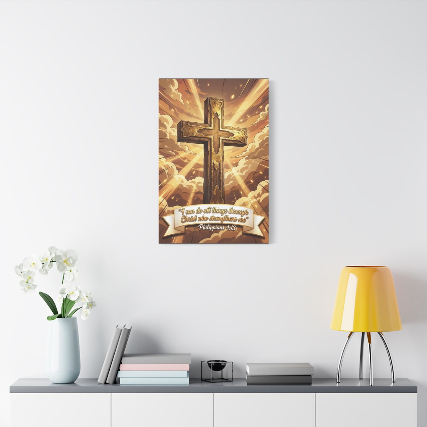 "I Can Do All Things Through Christ Who Strengthens Me" Cross Canvas Wall Art - Philippians 4:13 Scripture Decor, Golden Sky Christian Home Accent, Traditional Bedroom Living Room Decoration