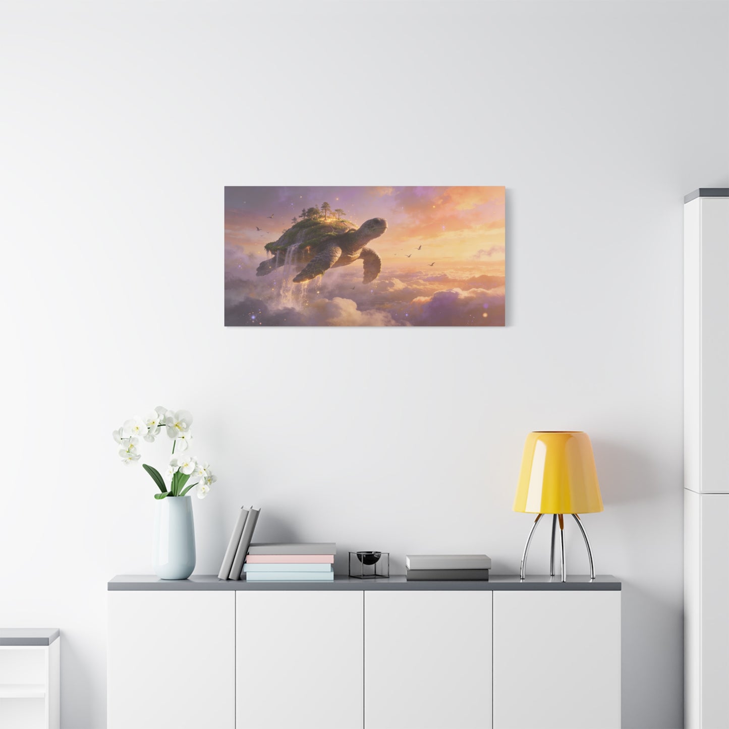 Flying Sea Turtle Canvas Wall Art - Fantasy Sky Island, Waterfall Clouds, Dreamy Surreal Canvas Print - Contemporary Celestial Style - Living Room Wall Decor, Bedroom Home Accent - Ready to Hang