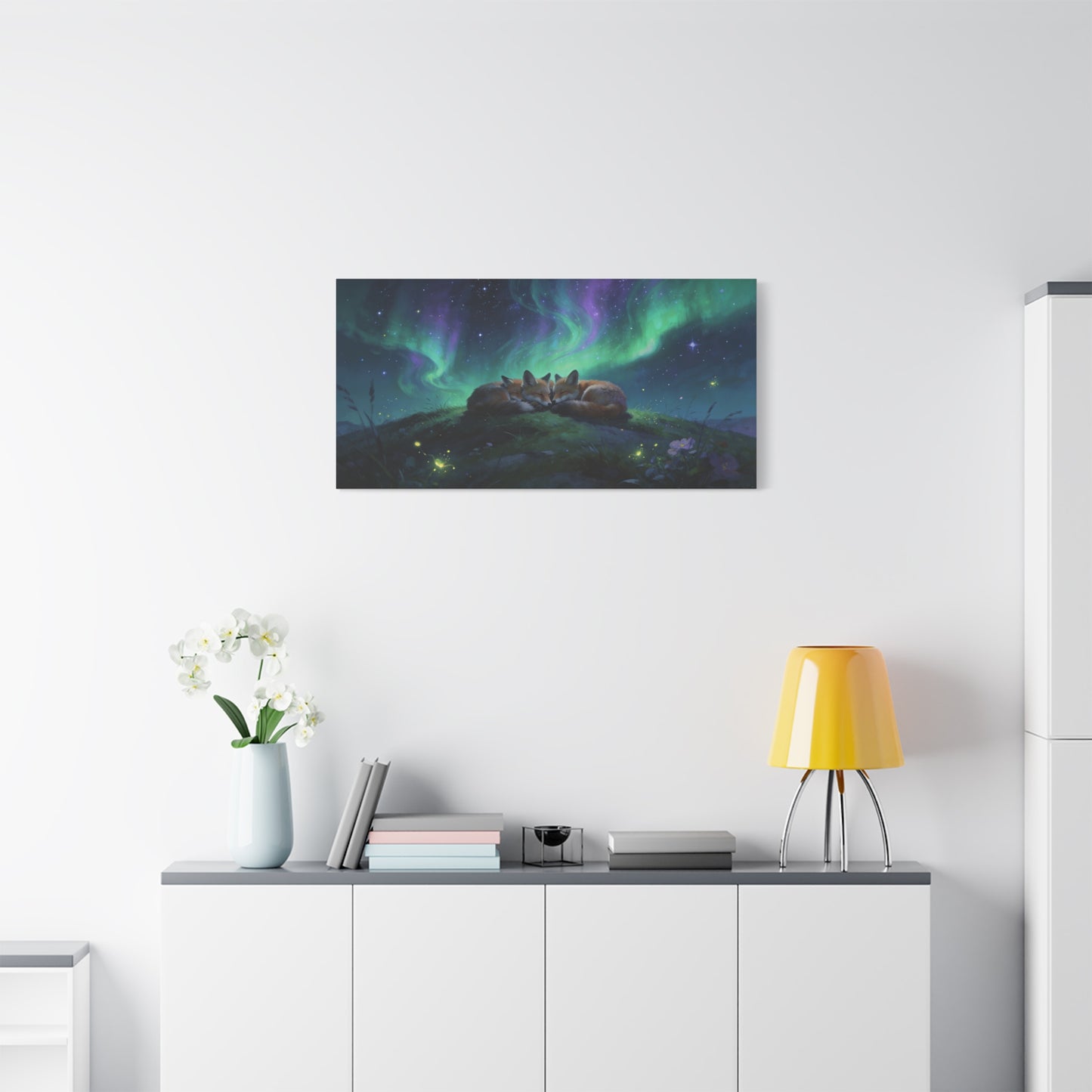 Sleeping Red Foxes Canvas Wall Art - Aurora Borealis Night Sky Animal Print - Dreamy Matte Canvas Print, Whimsical Wildlife Style - Bedroom Home Decoration, Nursery Wall Hanging - Ready to Hang