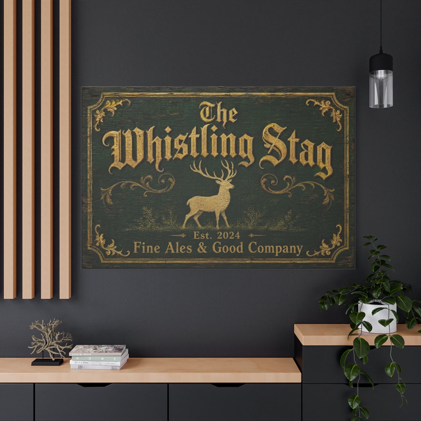 "The Whistling Stag" Canvas Wall Art - Vintage Deer Tavern Sign, Rustic Typography Print - Woodland Pub Style, Green And Gold - Bar Cart Accent - Ready to Hang - Pub Wall Art - Cocktail Lounge Decor