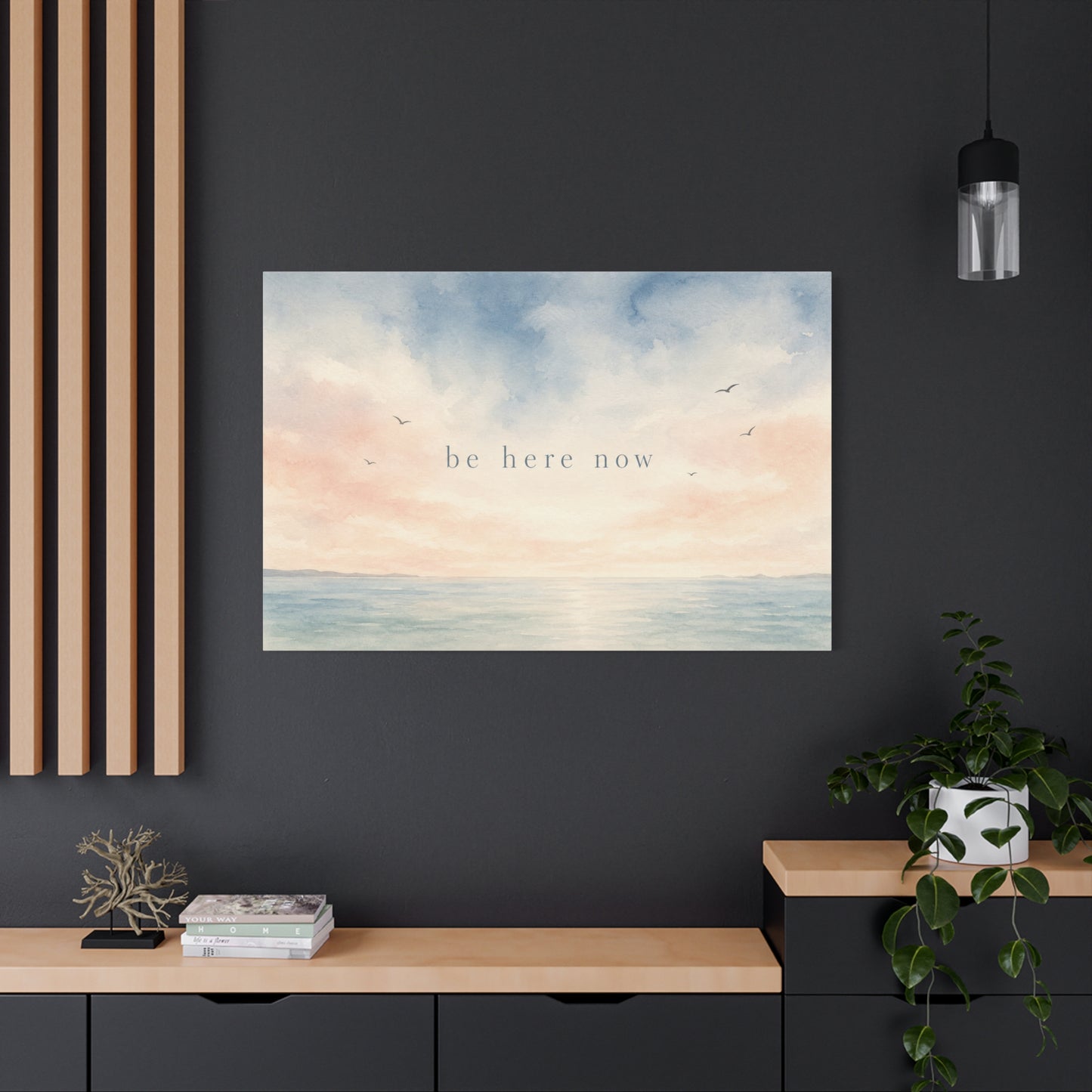 "Be Here Now" Coastal Canvas Wall Art - Pastel Ocean Seascape With Birds - Minimalist Inspirational Wall Decor - Serene Bedroom Home Decoration - Meditation Space Office Art - Bedroom Home Decoration