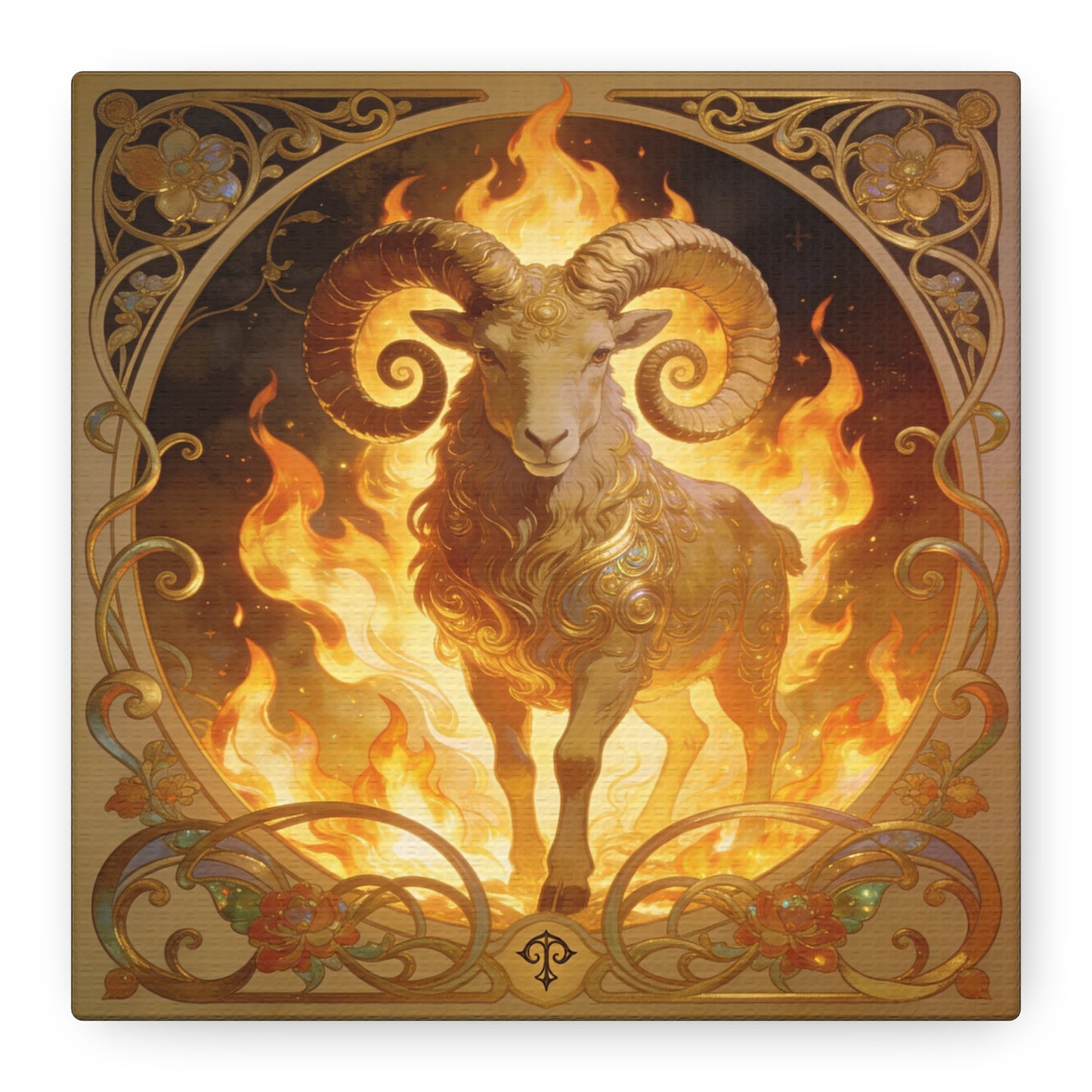 Aries Ram Canvas Wall Art - Fiery Zodiac Illustration, Ornate Gold Nouveau Design - Matte Cotton Art Print - Bohemian Astrology Decor, Bedroom Home Decoration, Office Wall Art - Modern Farmhouse Style