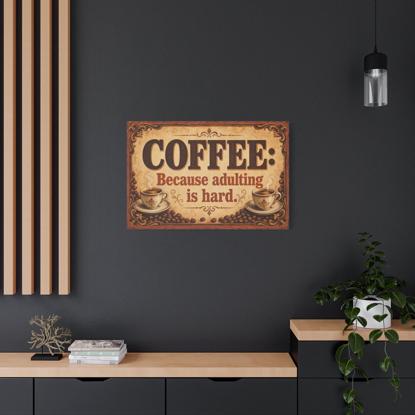 "Coffee: Because Adulting Is Hard." Coffee Canvas Wall Art - Vintage Decor, Rustic Farmhouse Style, Funny Cafe Quote Print - Office Wall Art - Ready to Hang - Bistro Decor - Espresso Bar Sign