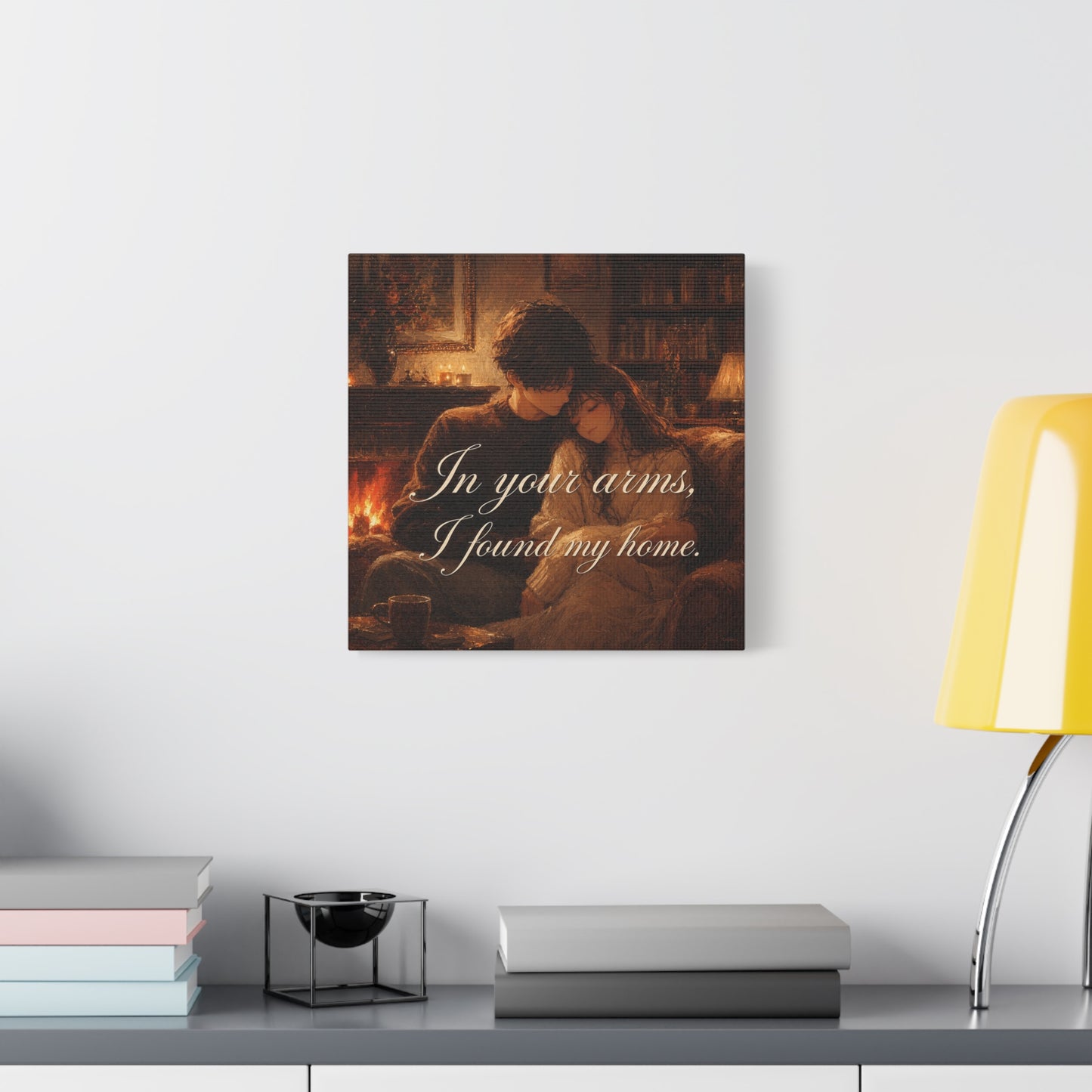 "In Your Arms, I Found My Home" Romantic Couple Canvas Wall Art - Cozy Fireplace Library Scene, Warm Vintage Style - Bedroom Home Decoration, Living Room Accent - Ready to Hang - Office Wall Art