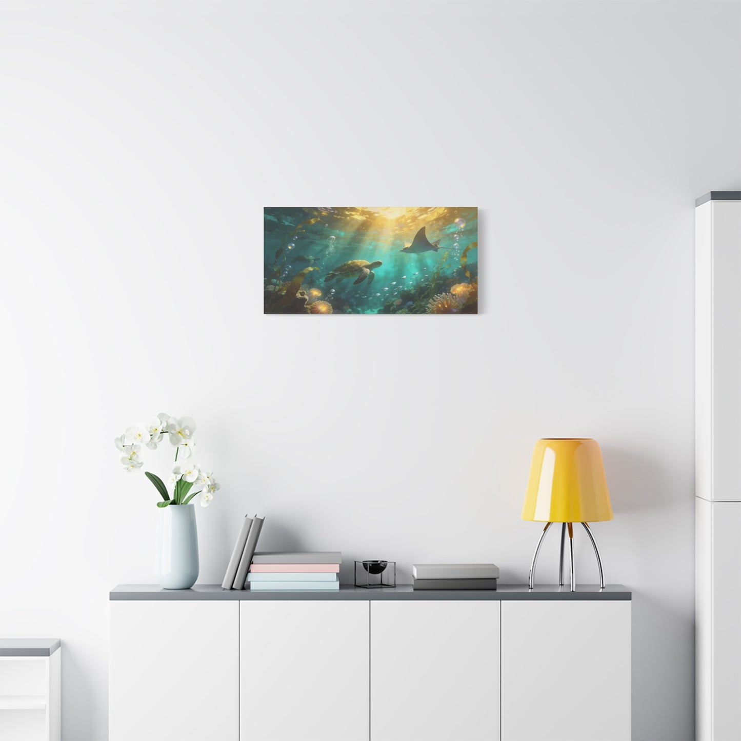 Sea Turtle And Stingray Canvas Wall Art - Sunlit Underwater Ocean Scene, Coral Reef Marine Life, Matte Cotton Print - Coastal Style, Living Room Wall Decor, Bedroom Home Decoration - Ready to Hang