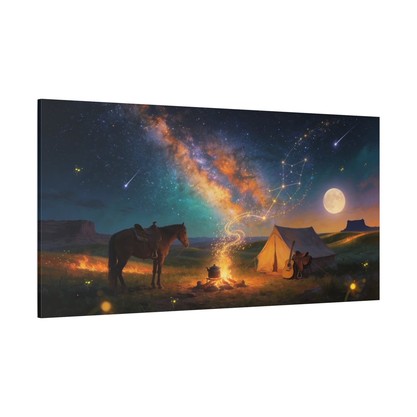 Western Night Sky Canvas Wall Art - Horse, Tent, Campfire And Milky Way Constellation - Dreamy Cosmic Desert Landscape - Modern Home Decor For Living Room, Bedroom, Office - Living Room Wall Decor