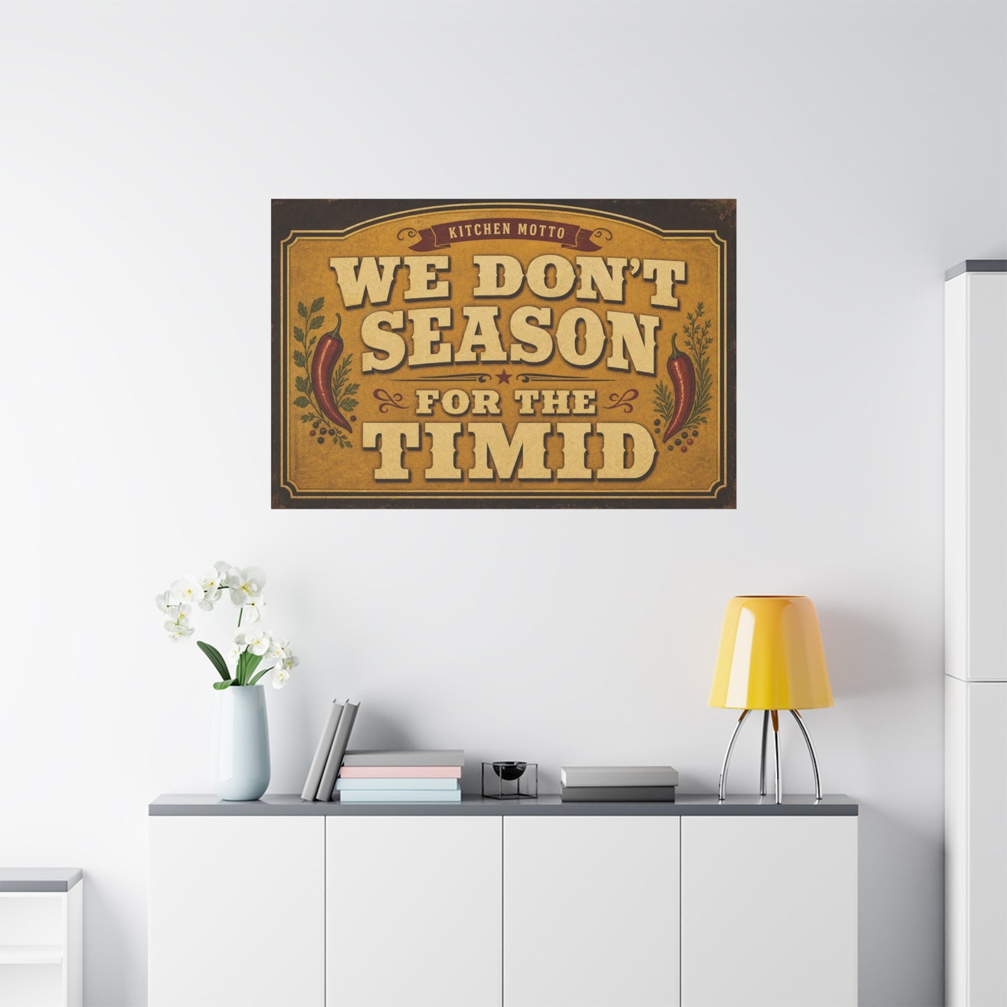 "Kitchen Motto We Don't Season For The Timid" Canvas Wall Art - Vintage Typography Chili Pepper Kitchen Decor - Rustic Farmhouse Home Decoration - Living Room Wall Decor - Bedroom Home Decoration