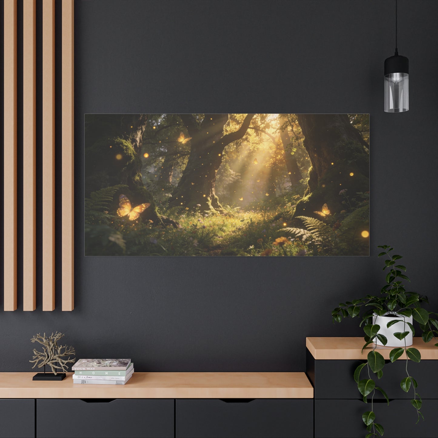 Enchanted Forest Canvas Wall Art - Sunlit Butterflies, Woodland Glade Scene - Matte Cotton Canvas Print - Fantasy Nature Style - Living Room Wall Decor, Bedroom Home Decoration - Cozy Reading Nook Art