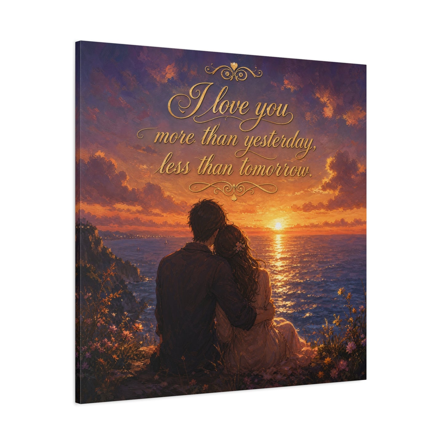 "I Love You More Than Yesterday, Less Than Tomorrow." Love Quote Canvas Wall Art - Romantic Sunset Ocean Couple Silhouette - Gold Script Seascape - Bedroom Wall Decor - Ready to Hang - Ready to Hang