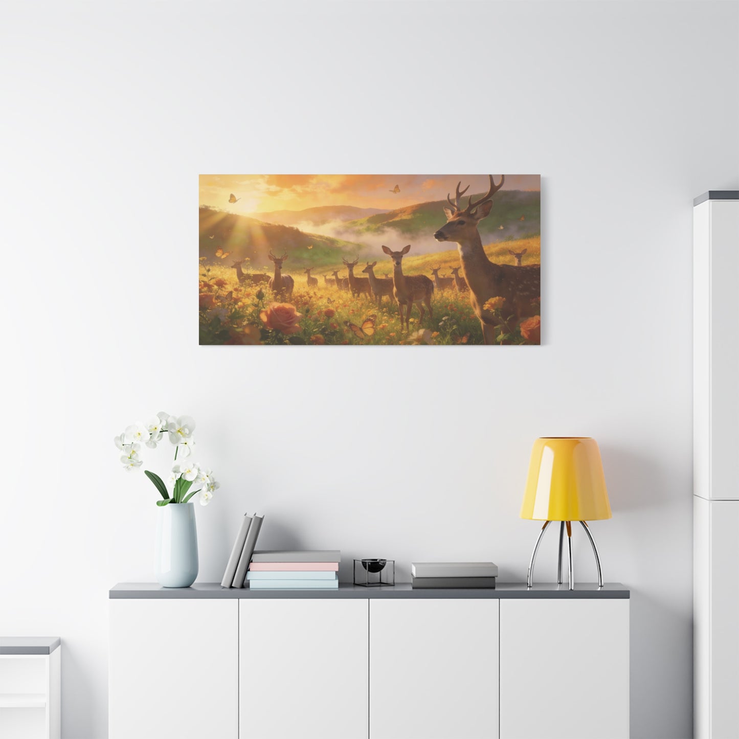 Deer Meadow Canvas Wall Art - Golden Sunrise Wildlife Landscape, Butterflies, Floral Field - Matte Finish Canvas Print - Rustic Nature Style, Living Room Wall Decor - Bedroom Home Decoration