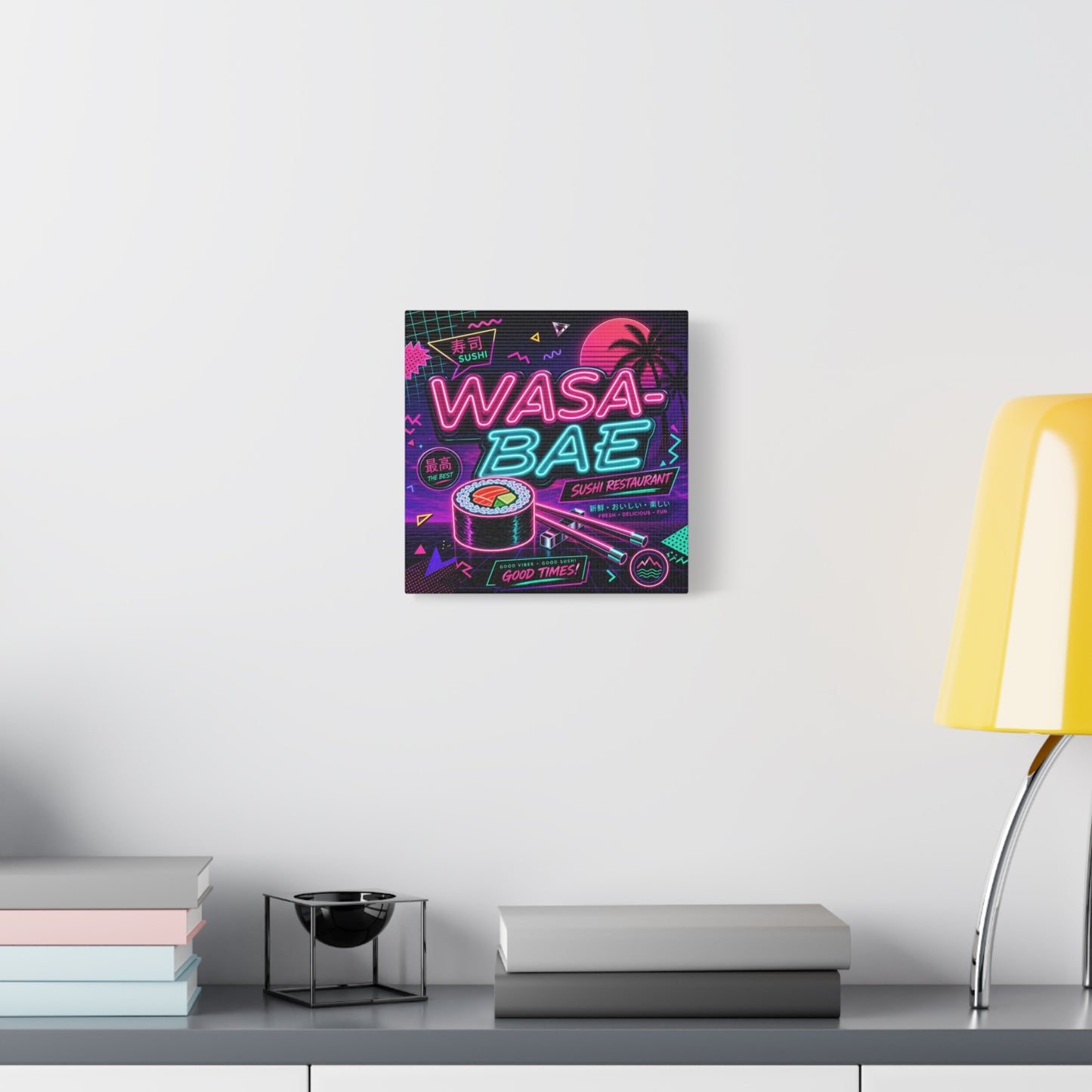 "WASA-BAE" Sushi Canvas Print - Neon Japanese Restaurant Sign, Retro Vaporwave Illustration - Matte Cotton Decor, Cafe Wall Accent, Dining Space Artwork, Lounge Interior Style - Office Wall Art