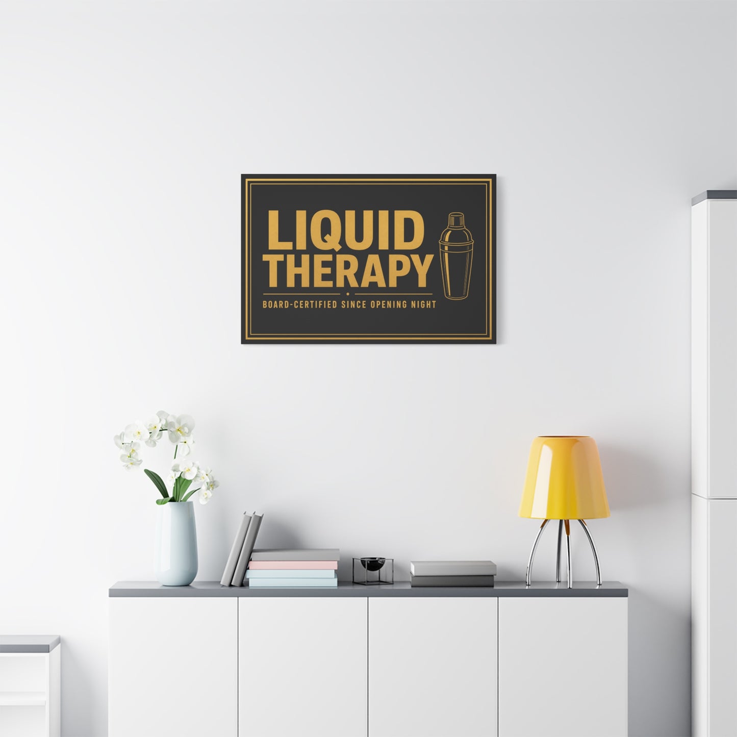 "Liquid Therapy" Cocktail Canvas Wall Art - Board-Certified Since Opening Night Bar Quote Print, Black And Gold Typography, Modern Lounge Decor - Pub Wall Art - Cocktail Lounge Decor - Ready to Hang