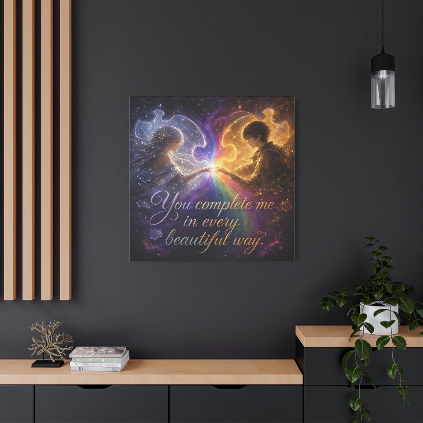 "You Complete Me In Every Beautiful Way" Romantic Couple Canvas Wall Art - Celestial Puzzle Soulmate Quote Print, Fantasy Love Decor - Bedroom Wall Hanging - Ready to Hang - Bedroom Home Decoration