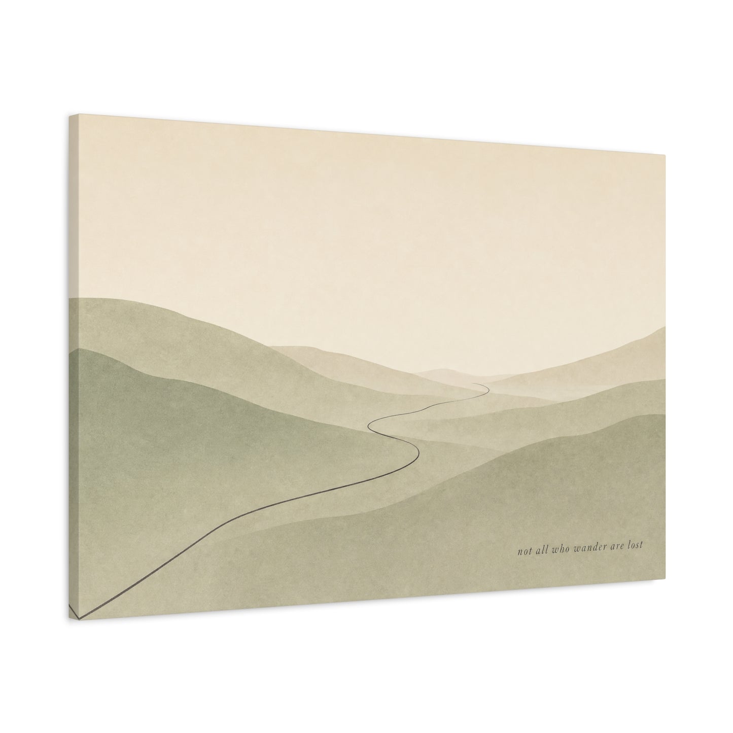 "Not All Who Wander Are Lost" Minimalist Landscape Canvas Wall Art - Misty Hills, Winding Path, Neutral Sage Beige Tones - Modern Wall Decor For Bedroom, Living Room, Home Office - Ready to Hang