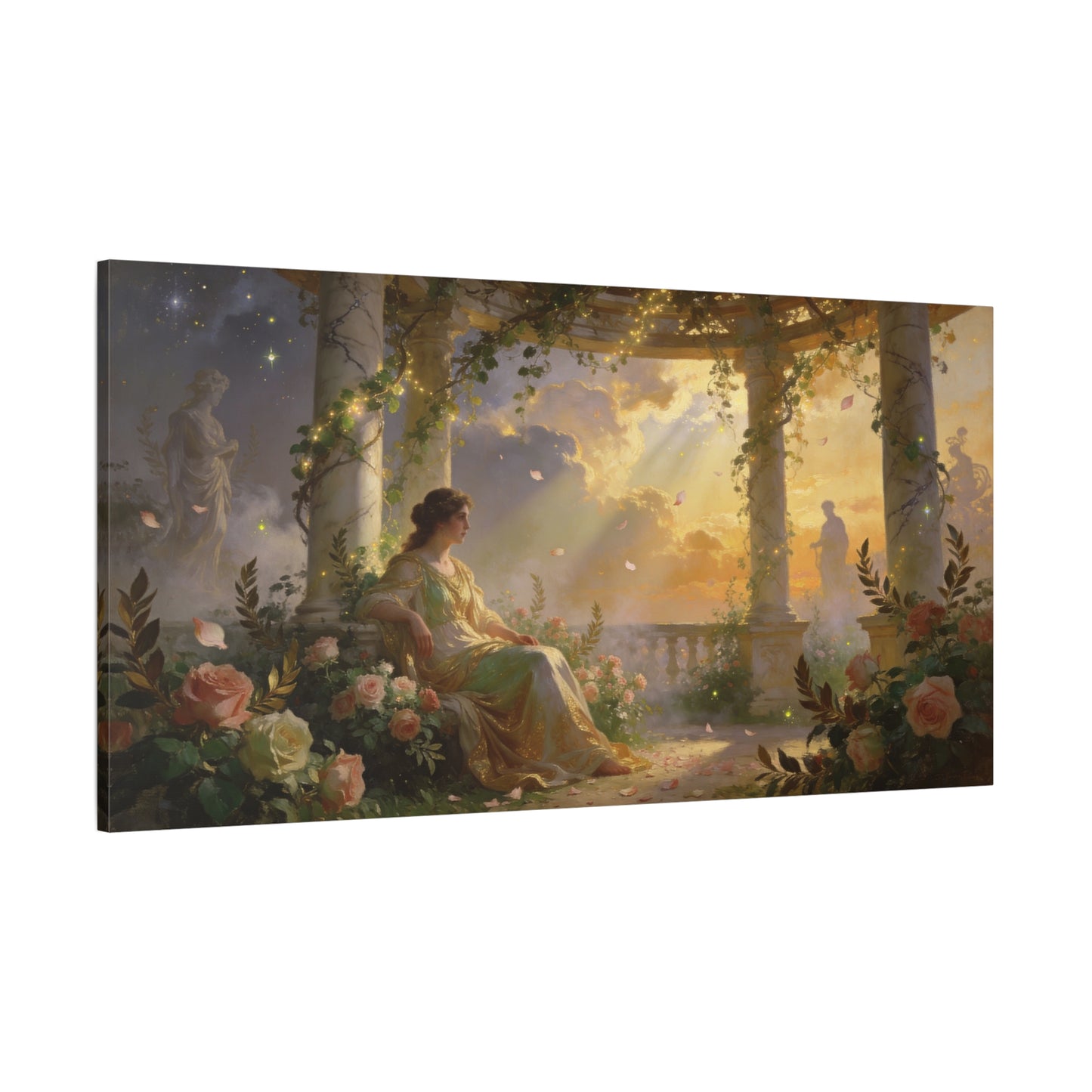 Classical Garden Woman Canvas Wall Art - Rose Pergola Sunset Scene, Romantic Fantasy Painting - Matte Cotton Art Print - Bedroom Wall Decor, Living Room Home Decoration - Bedroom Home Decoration