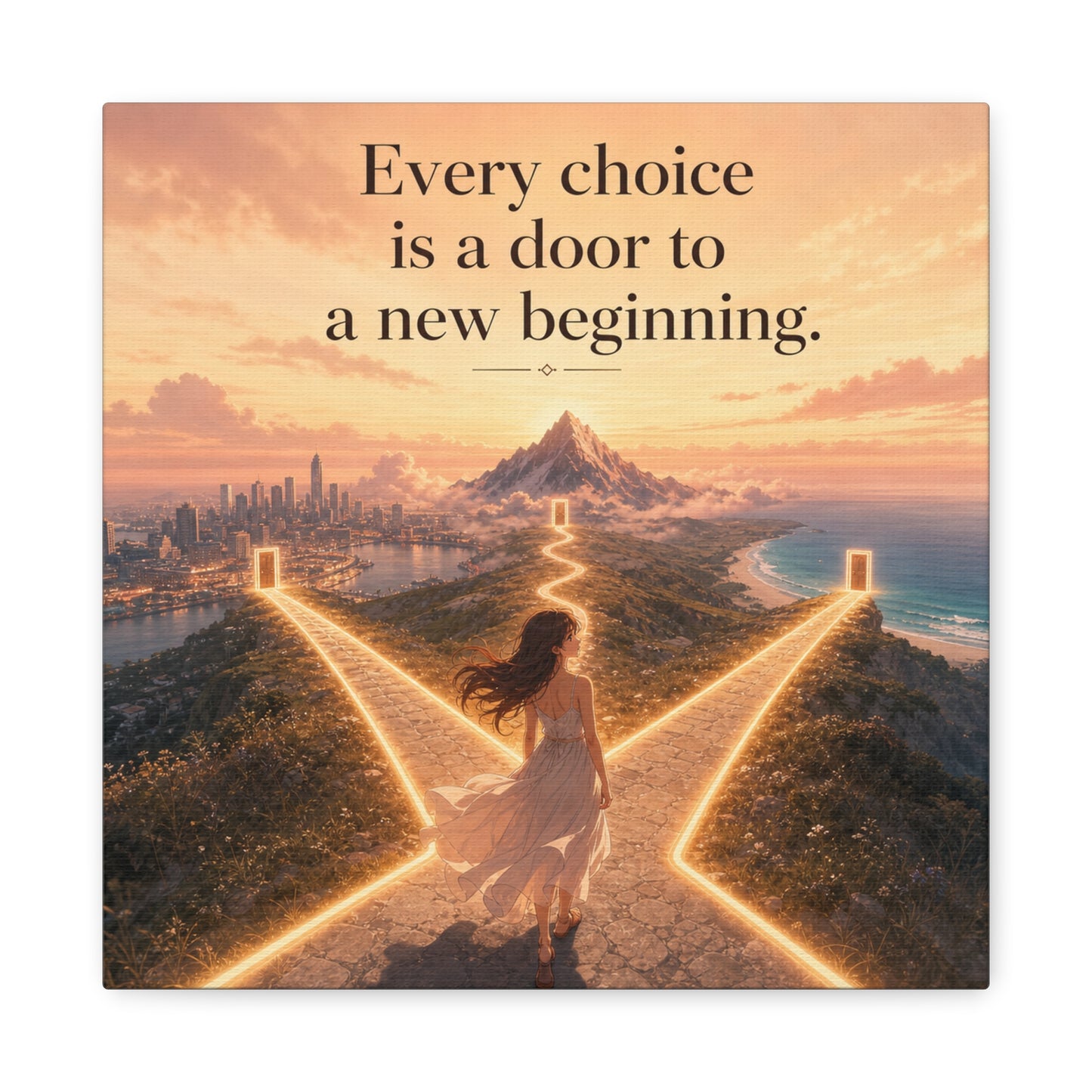 "Every Choice Is A Door To A New Beginning." Inspirational Canvas Wall Art - Woman At Glowing Crossroads Path, Mountain And Coast Dreamscape - Modern Typography Decor For Bedroom Office