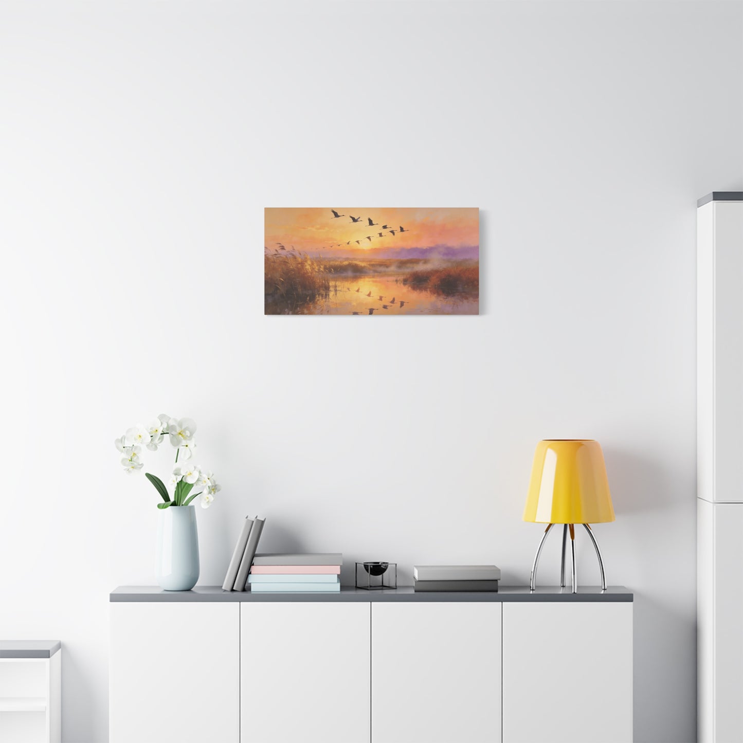 Flying Cranes Sunset Canvas Wall Art - Marsh Landscape Bird Painting, Golden Reeds Reflection, Matte Canvas Print - Traditional Style - Living Room Wall Decor Bedroom Decoration - Ready to Hang
