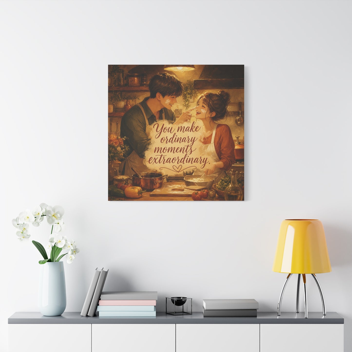 "You Make Ordinary Moments Extraordinary" Couple Canvas Wall Art - Romantic Kitchen Scene, Warm Vintage Illustration Print - Cozy Living Room Decor, Farmhouse Home Accent - Living Room Wall Decor