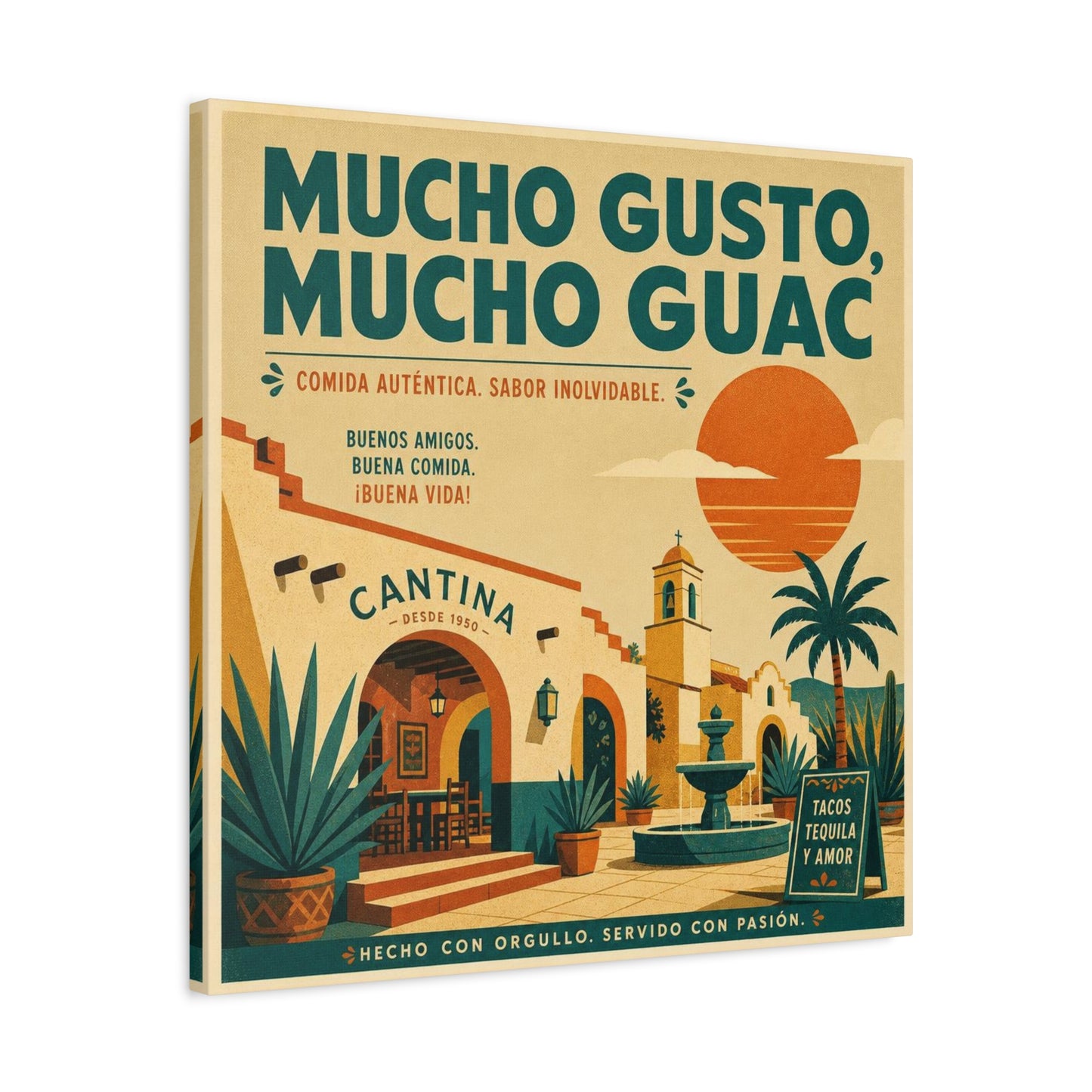 "Mucho Gusto, Mucho Guac" Cantina Canvas Wall Art - Mexican Restaurant Typography Print, Vintage Desert Courtyard Illustration, Cafe Wall Decor, Tequila Bar Sign, Workspace Accent - Ready to Hang