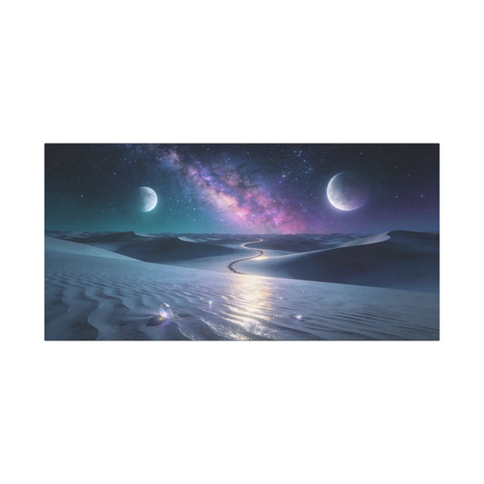 Celestial Desert Canvas Wall Art - Milky Way, Twin Moons, Luminous Dunes - Surreal Nightscape Cotton Print - Contemporary Style, Bedroom Home Decoration, Office Wall Decor - Bedroom Home Decoration