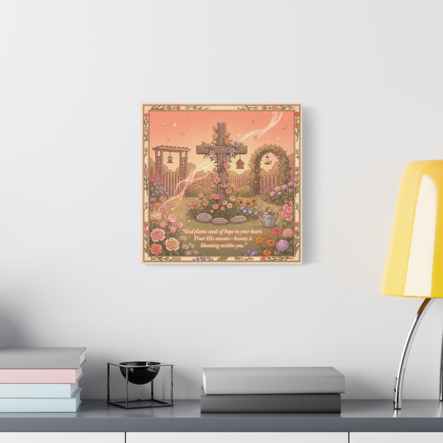 "God Plants Seeds Of Hope In Your Heart" Christian Canvas Wall Art - Floral Cross Garden Scripture Print, Matte Cotton Decor - Inspirational Bedroom Home Decoration, Living Room Accent - Ready to Hang