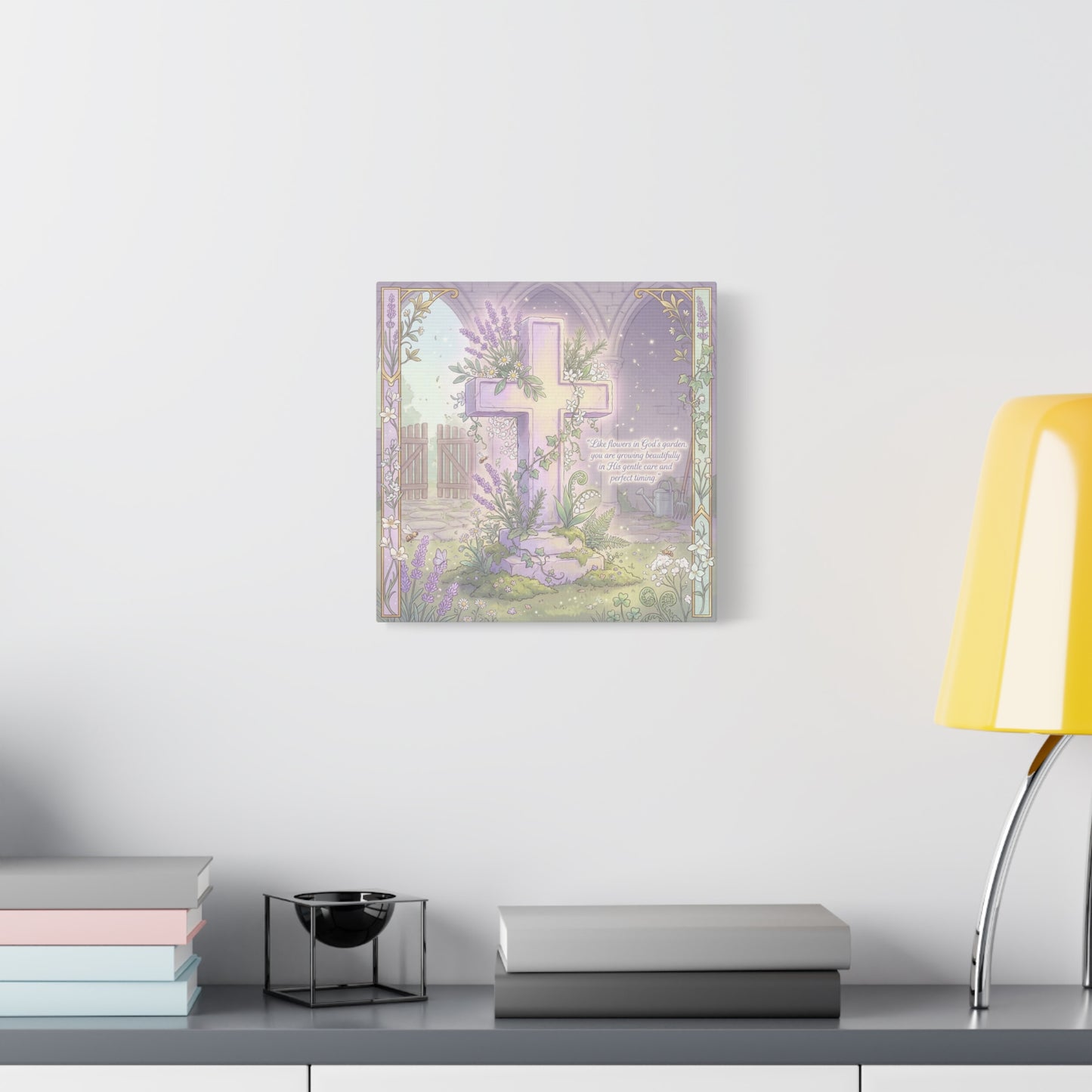 "Like Flowers In God's Garden, You Are Growing Beautifully" Christian Canvas Wall Art - Floral Cross Scripture Decor - Lavender Garden Illustration - Bedroom Home Decoration, Living Room Accent