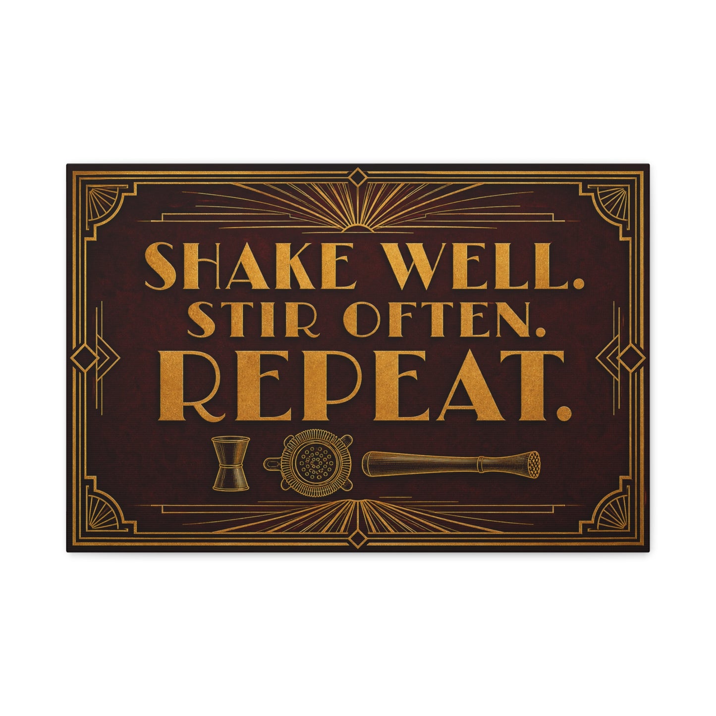 "Shake Well. Stir Often. Repeat." Cocktail Canvas Wall Art - Art Deco Bar Quote Print, Vintage Gold Typography, Speakeasy Lounge Decor, Home Bar Decoration - Ready to Hang - Tavern Wall Decor
