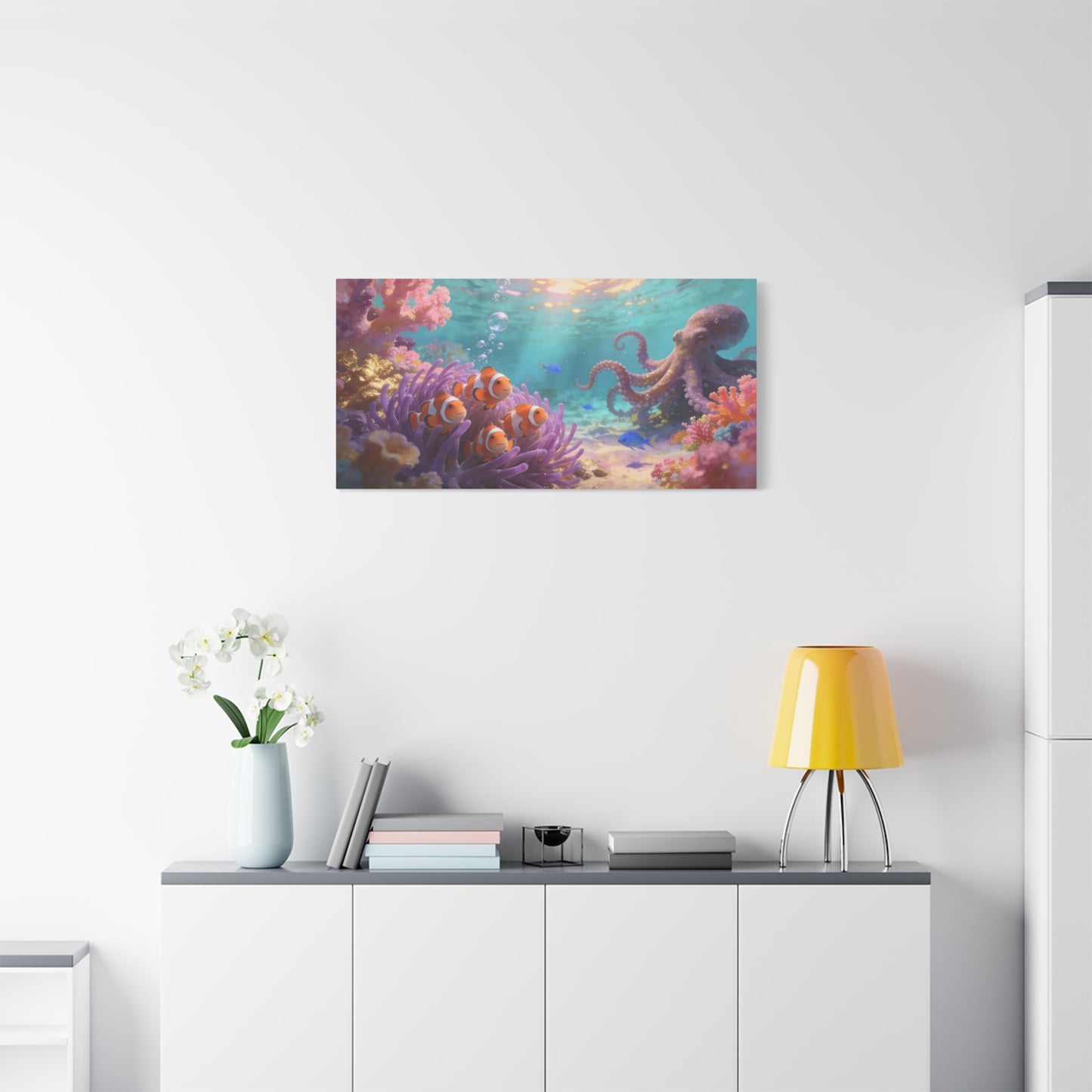 Clownfish And Octopus Canvas Wall Art - Whimsical Underwater Coral Reef Scene, Ocean Nursery Decor, Coastal Style, Matte Canvas Print, Bedroom Decoration, Playroom Accent, Office Art - Ready to Hang