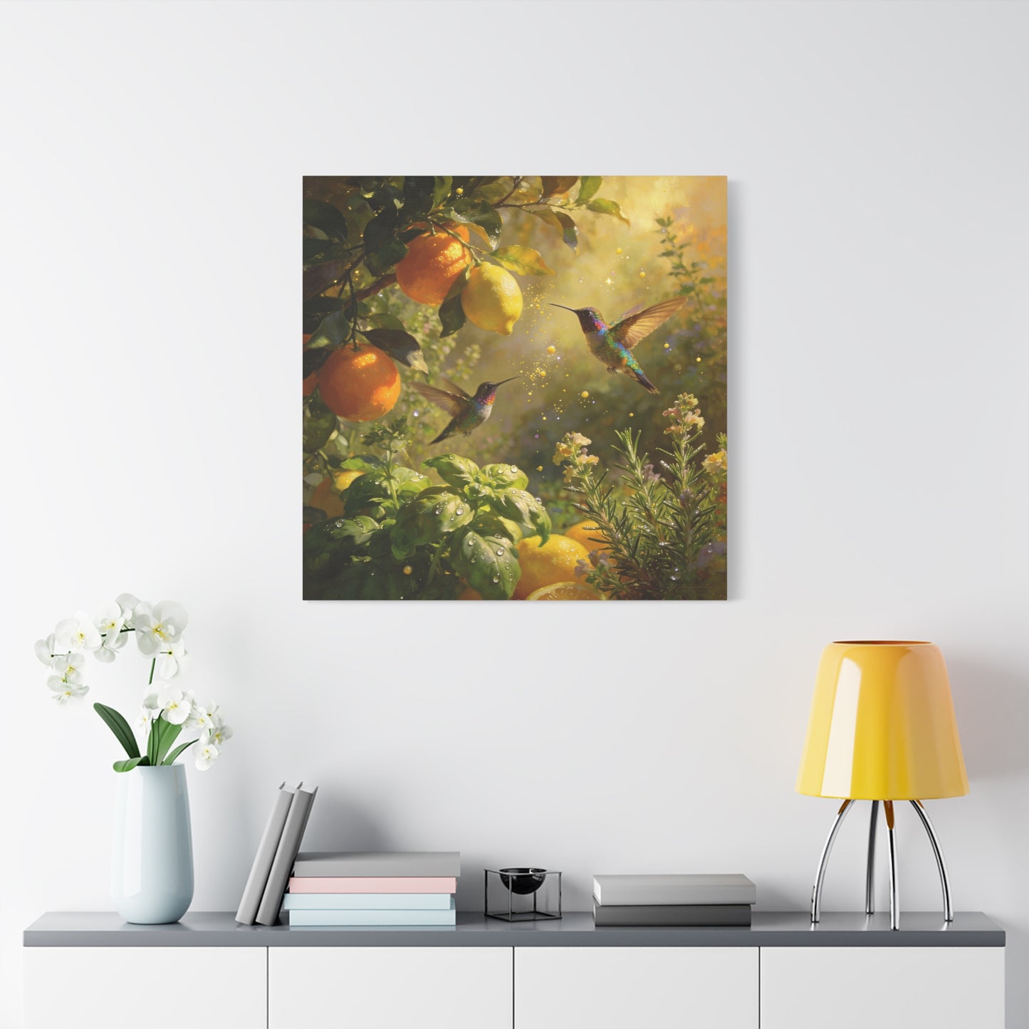 Hummingbird Citrus Canvas Wall Art - Lemon Orange Botanical Garden Print - Golden Light, Nature Home Decor, Living Room Wall Decor, Bedroom Home Decoration, Matte Finish Canvas - Cozy Reading Nook Art