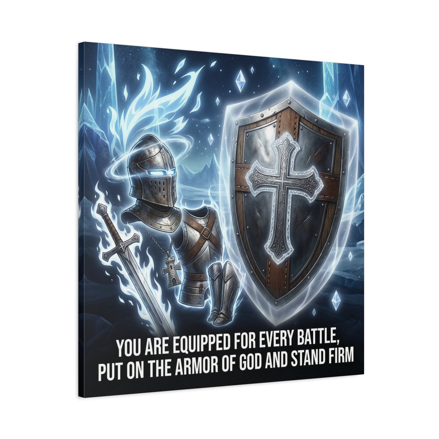 "You Are Equipped For Every Battle, Put On The Armor Of God And Stand Firm" Christian Canvas Wall Art - Knight Armor, Cross Shield, Scripture Decor - Blue Fantasy Style - Living Room - Office Wall Art