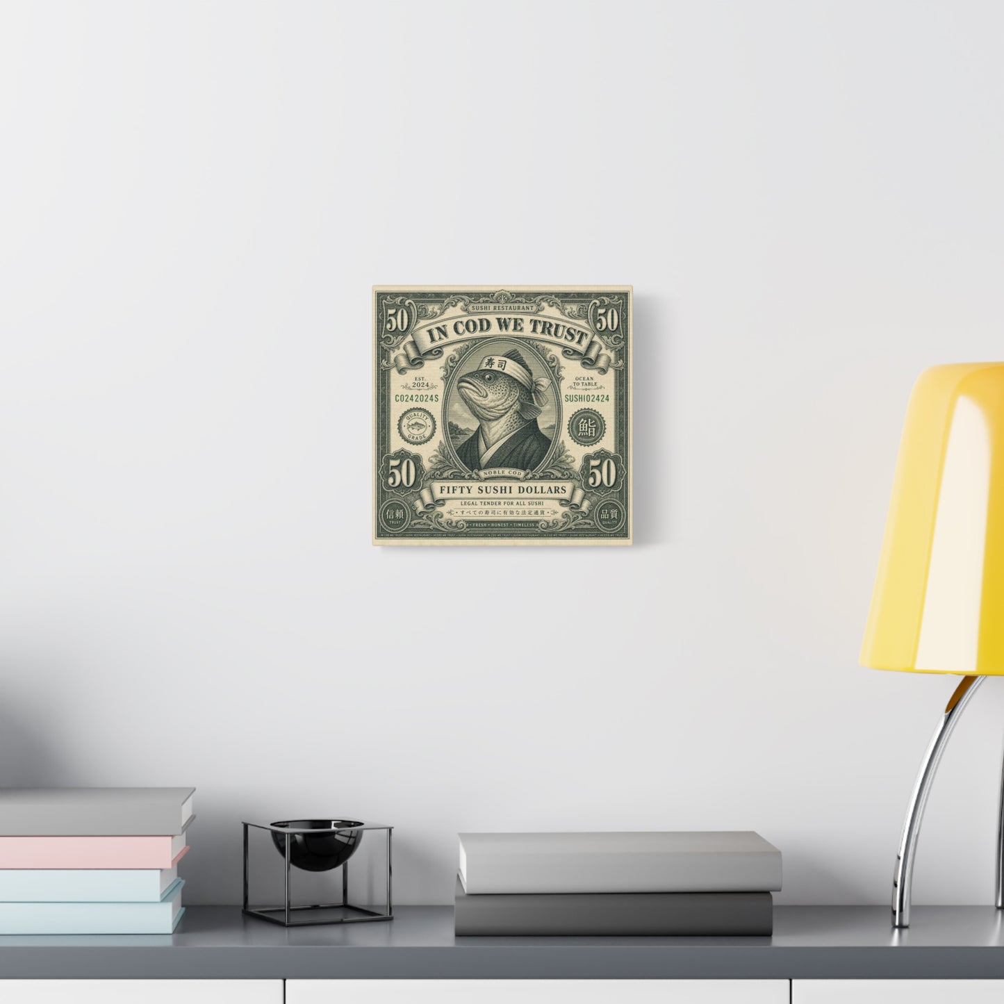"In Cod We Trust" Sushi Restaurant Canvas Wall Art - Vintage Money Bill Fish Illustration, Typography Poster Style, Cotton Canvas Print, Cafe Decor, Dining Room Accent, Office Art - Ready to Hang