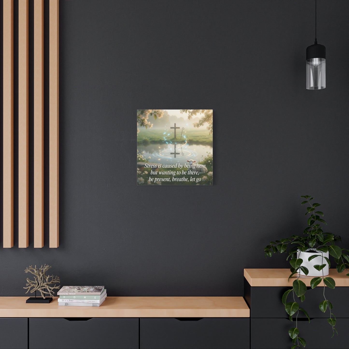 "Stress is caused by being here but wanting to be there, be present, breathe, let go" Cross Canvas Wall Art - Christian Inspirational Pond Scene - Traditional Style - Bedroom Wall Decor
