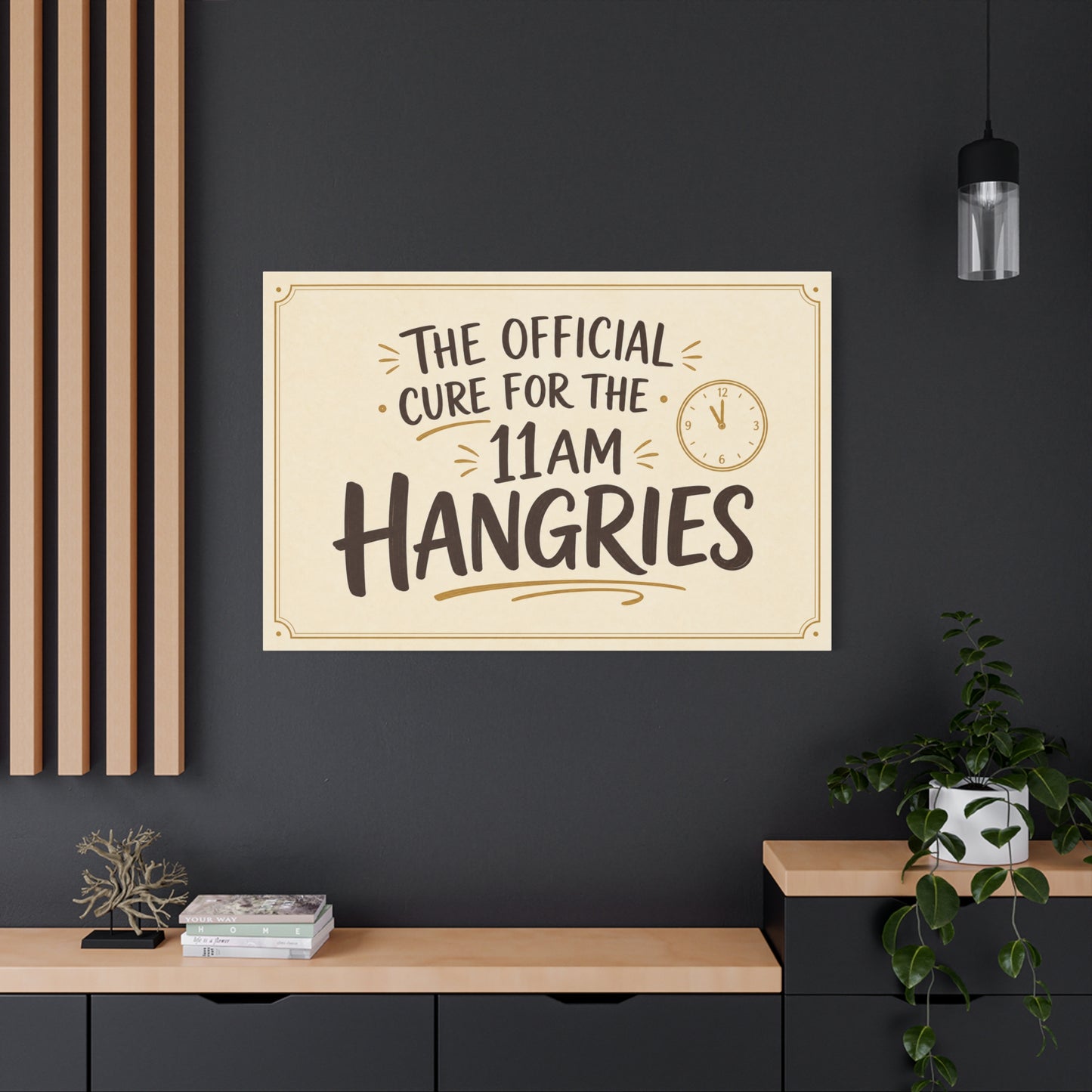 "The Official Cure For The 11 Am Hangries" Funny Typography Canvas Wall Art - Beige Black Quote Print, Modern Office Decor, Kitchen Wall Hanging - Bedroom Home Decoration - Bedroom Home Decoration