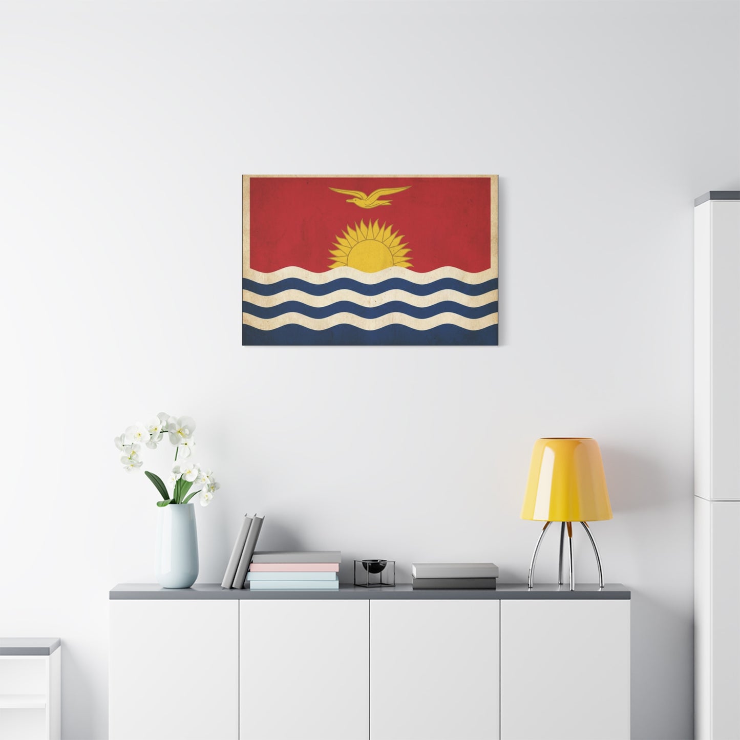 Kiribati Flag Canvas Wall Art - Vintage Island Nation Sun Bird Waves Print - Patriotic Red Gold Blue Coastal Style - Living Room Wall Decor, Office Art, Dorm Decoration - Bedroom Home Decoration
