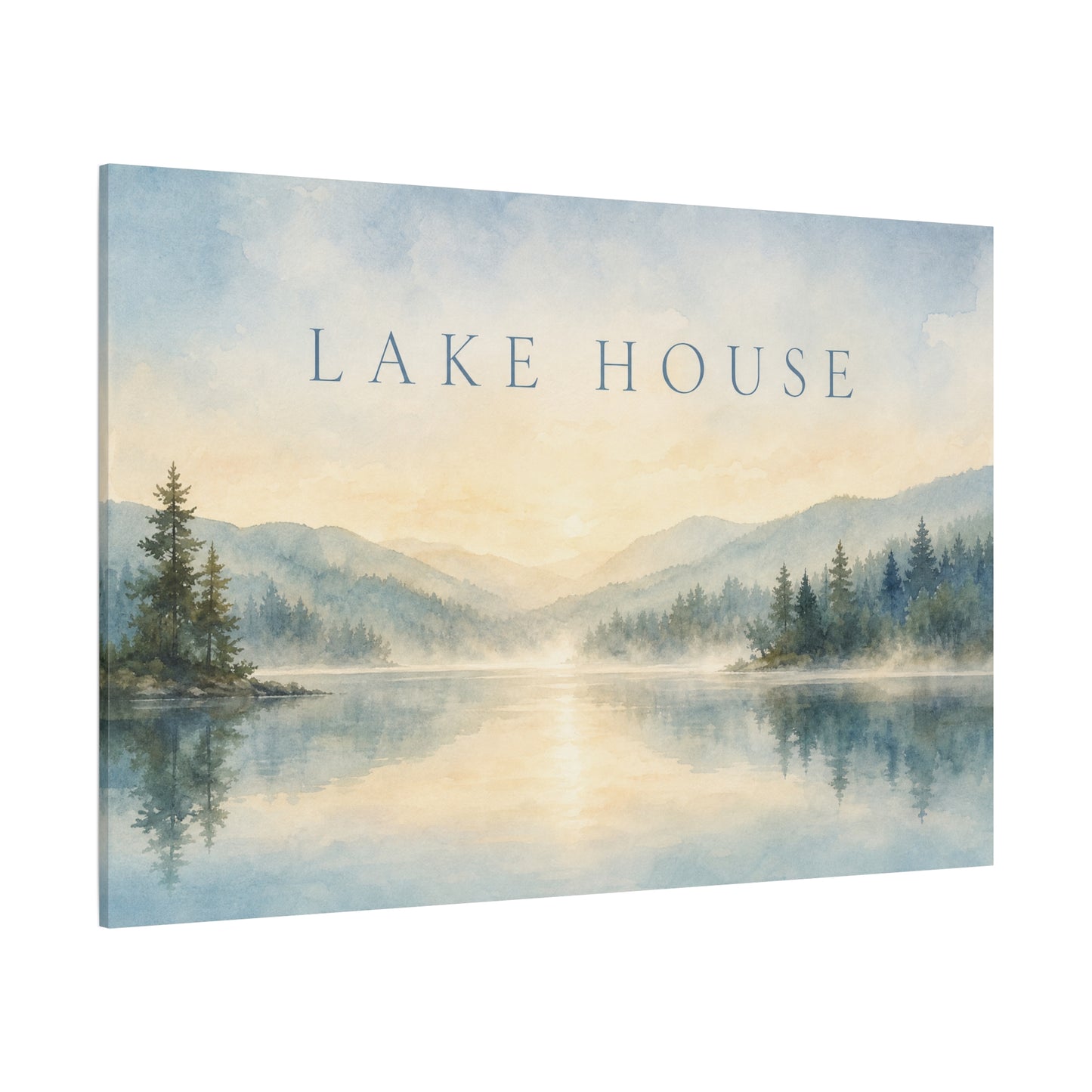 "Lake House" Canvas Wall Art - Misty Mountain Watercolor Landscape Print, Serene Cabin Decor, Rustic Retreat Wall Hanging, Bedroom Home Decoration, Entryway Accent, Vacation Rental Style