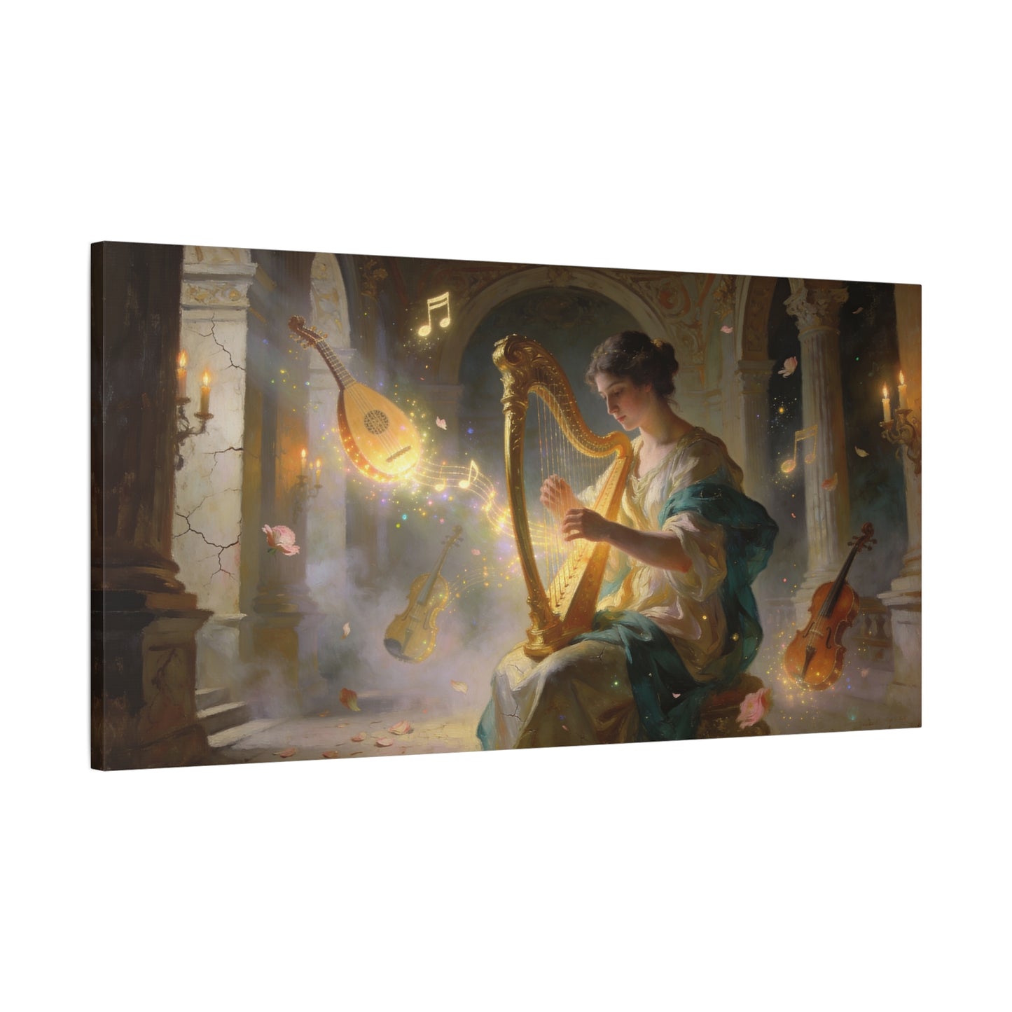 Woman Playing Harp Canvas Wall Art - Romantic Music Painting, Glowing Notes, Violin And Lute - Matte Cotton Print - Traditional Style, Living Room Wall Decor, Bedroom Accent - Bedroom Home Decoration