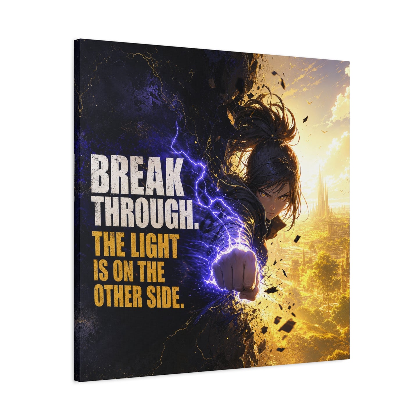 "Break Through. The Light Is On The Other Side." Anime Canvas Wall Art - Motivational Fantasy Girl Poster Print, Dramatic Gold Lightning, Contemporary Bedroom Decor, Teen Room Accent - Office Wall Art
