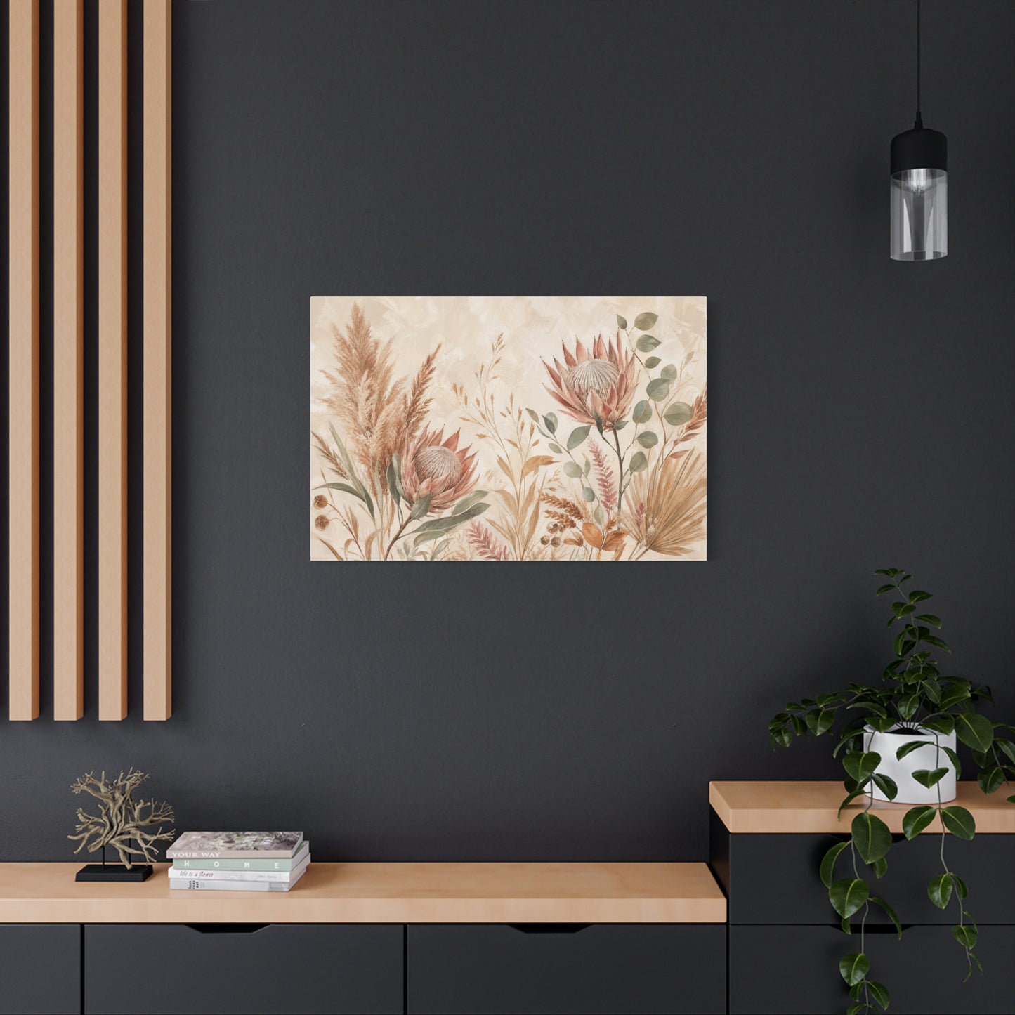 Protea Botanical Canvas Wall Art - Pampas Grass, Eucalyptus Floral Print - Neutral Boho Farmhouse Decor - Beige Sage Nature Painting - Ready to Hang