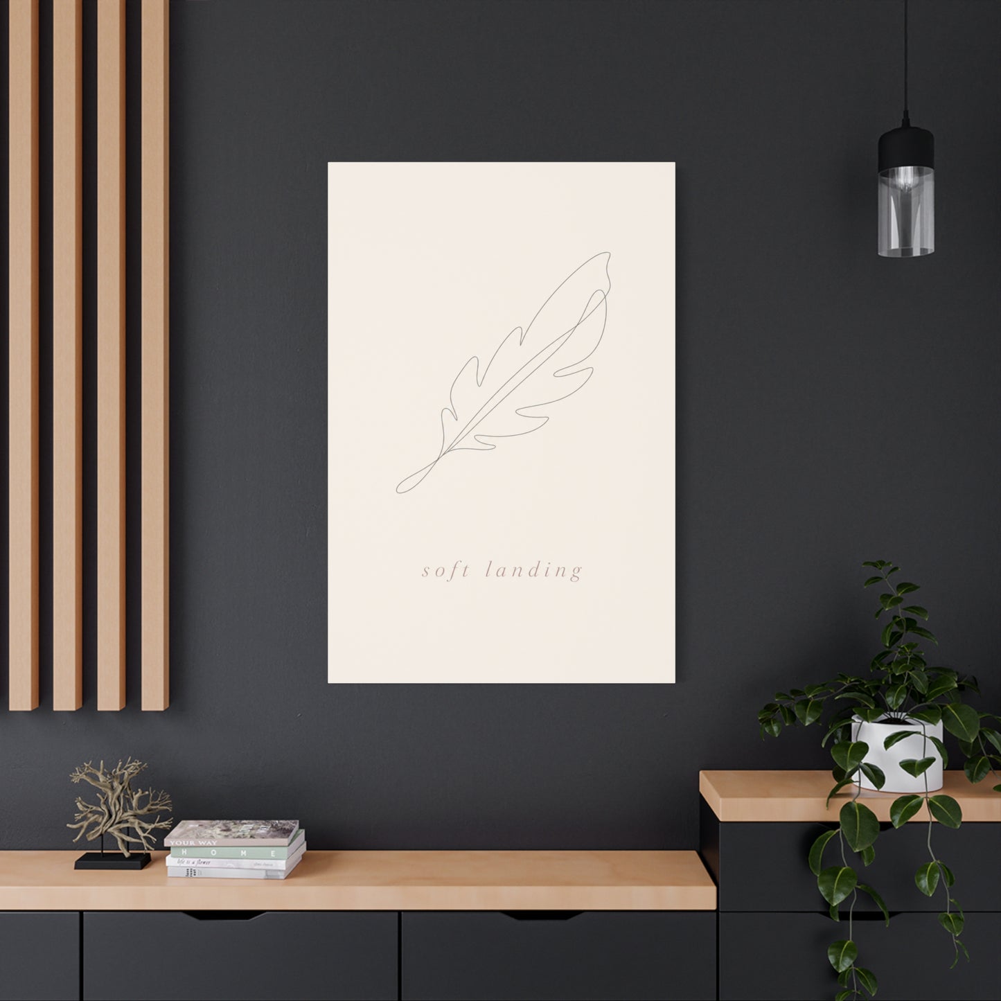 "Soft Landing" Feather Canvas Wall Art - Minimalist Line Drawing, Neutral Beige Cotton Print - Contemporary Bedroom Wall Decor, Nursery Home Decoration, Calming Office Accent - Bedroom Home Decoration